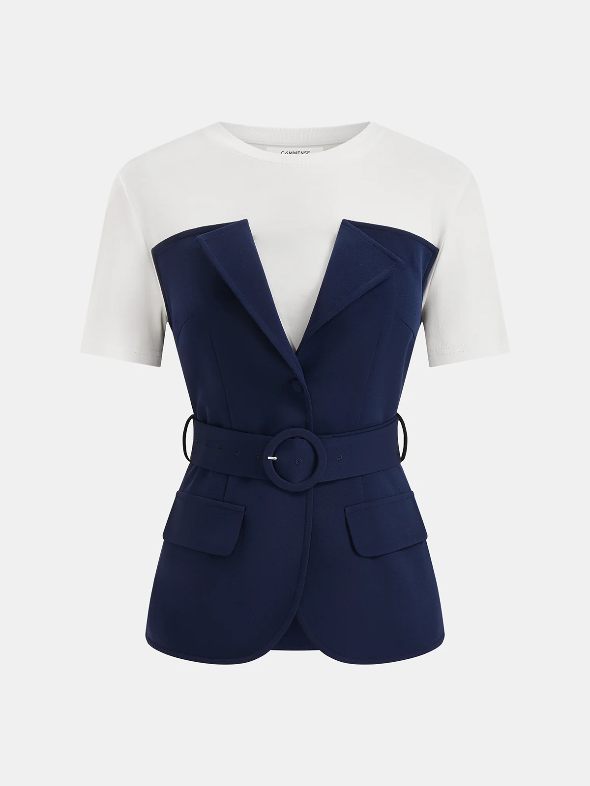 2 in 1 Belted Patchwork Short Sleeve Top - Image 2