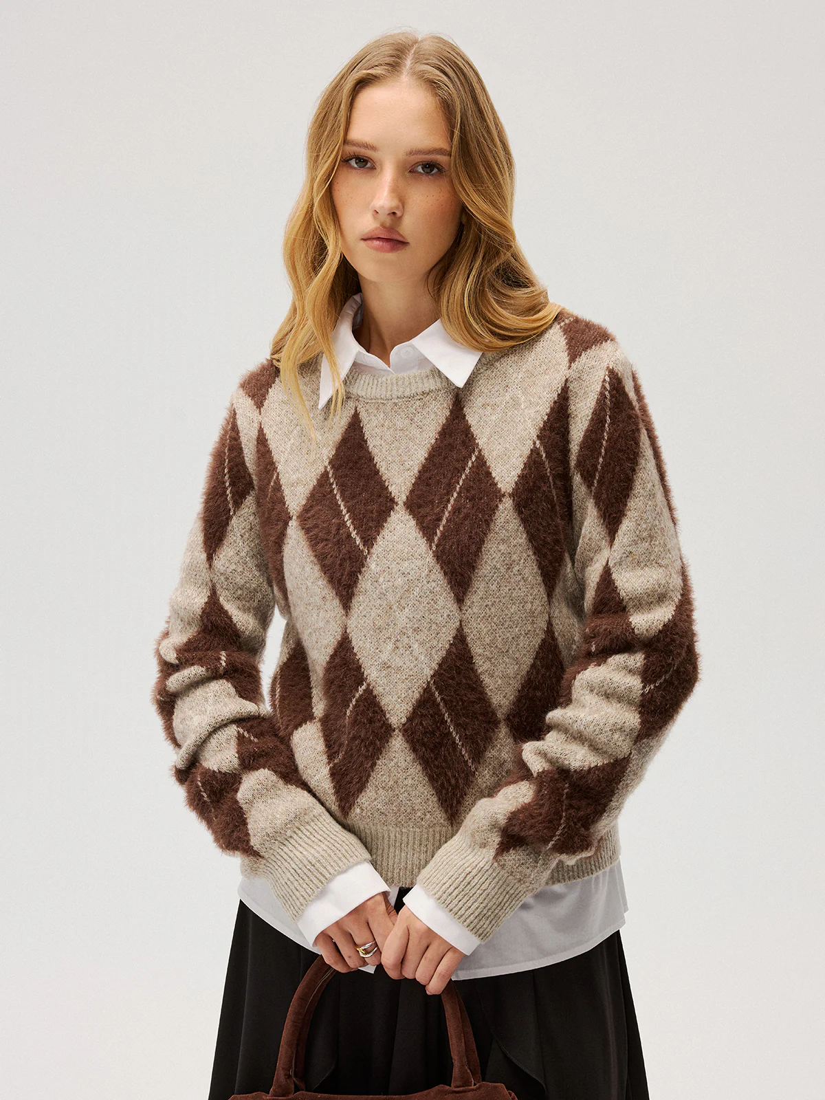 Argyle Pattern Wool Blend Fuzzy Sweater - Image 2