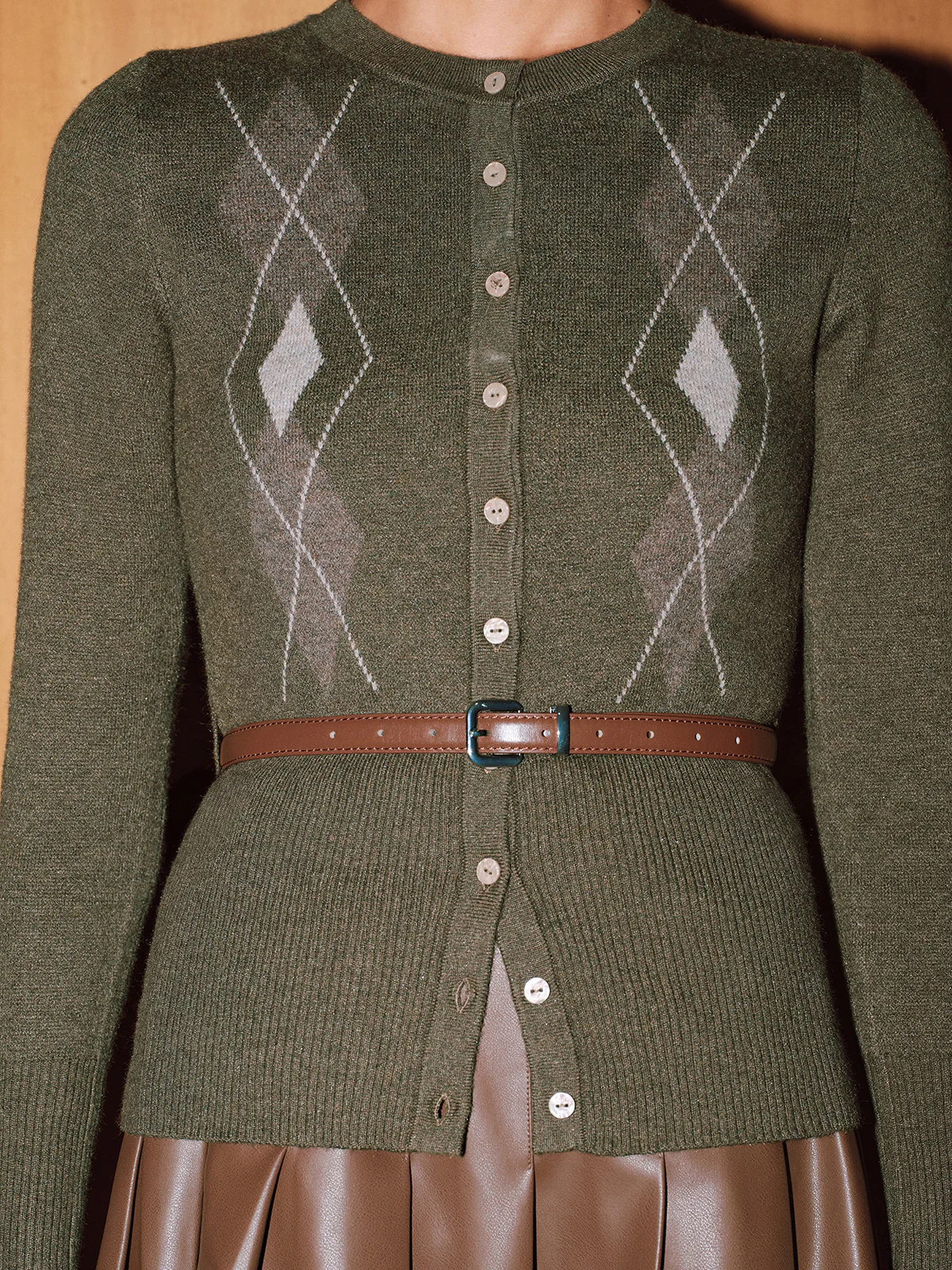Argyle Wool-Blend Knit Cardigan without Belt - Image 4