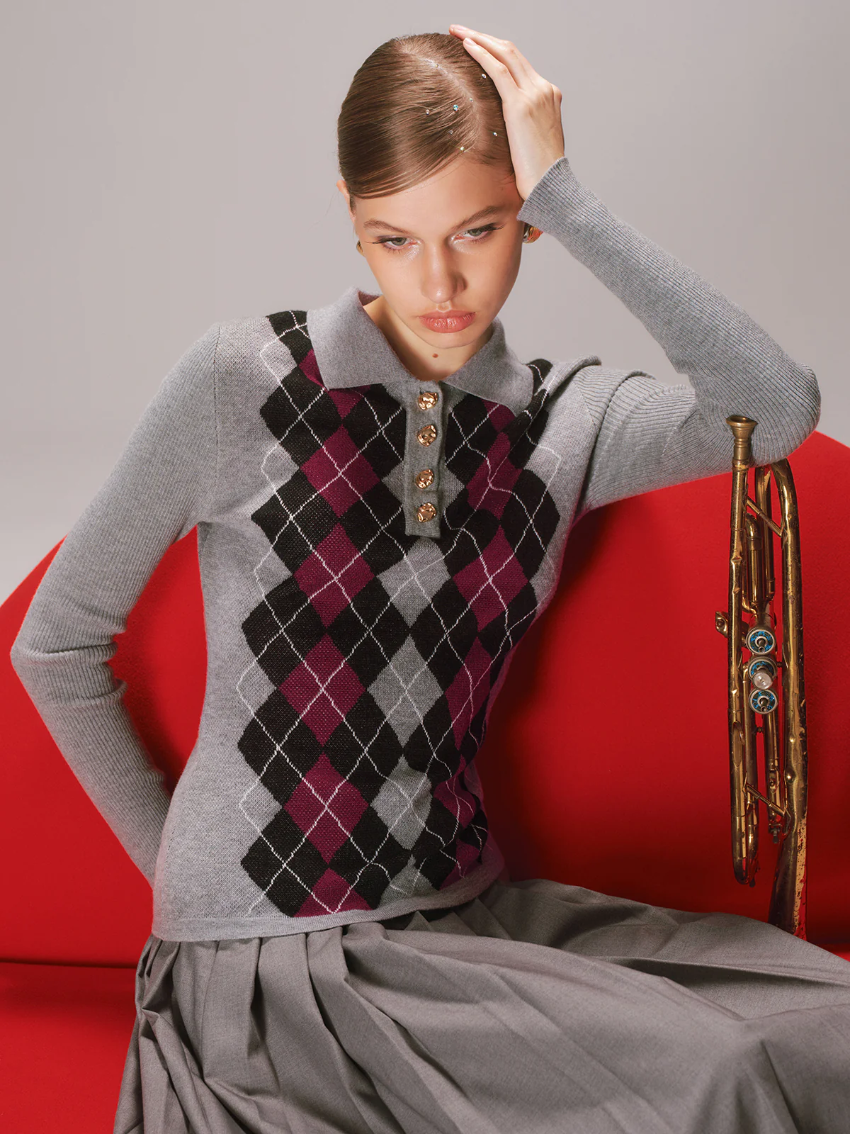Argyle Wool-Blend Polo Knit Top - Image 5
