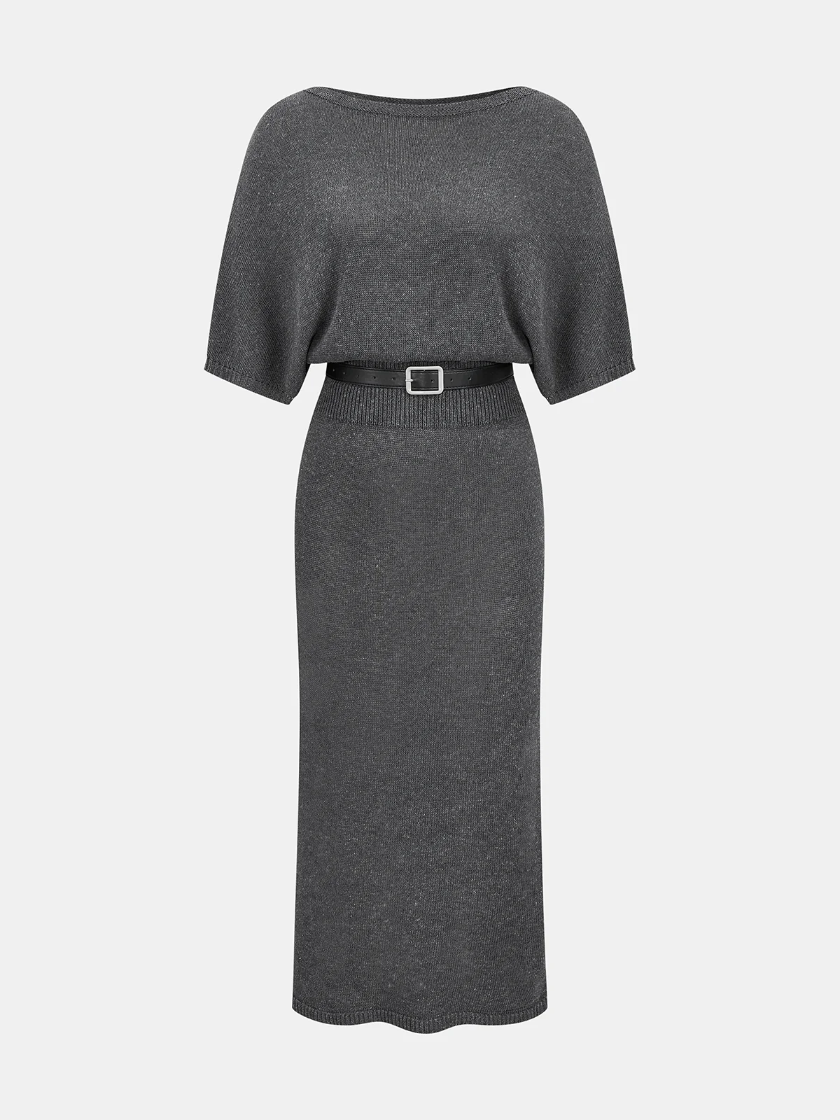 Batwing Sleeve Belted Knit Midi Dress