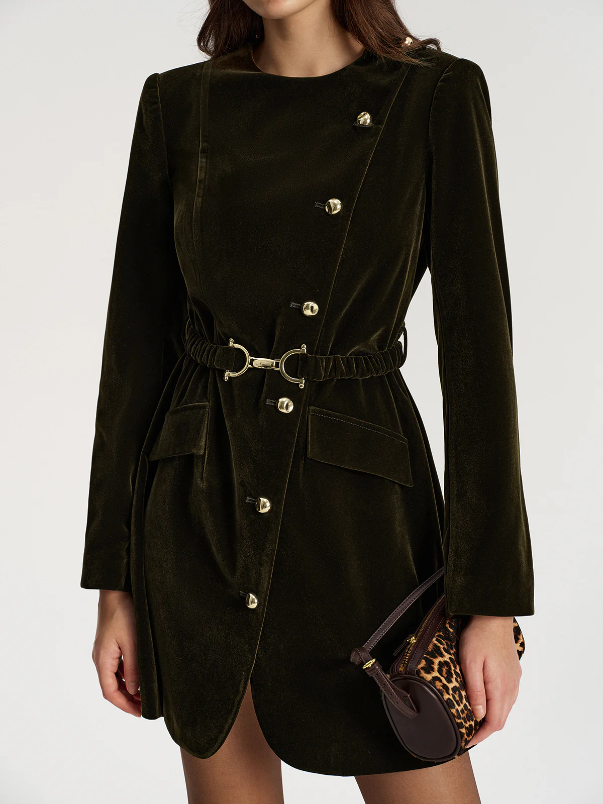 Belted Asymmetric Button Velvet Long Blazer - Image 4