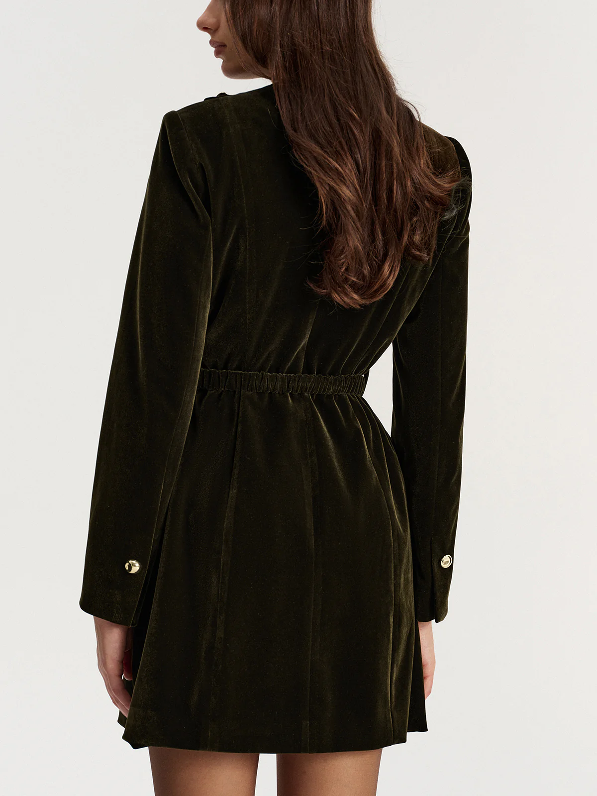 Belted Asymmetric Button Velvet Long Blazer - Image 5