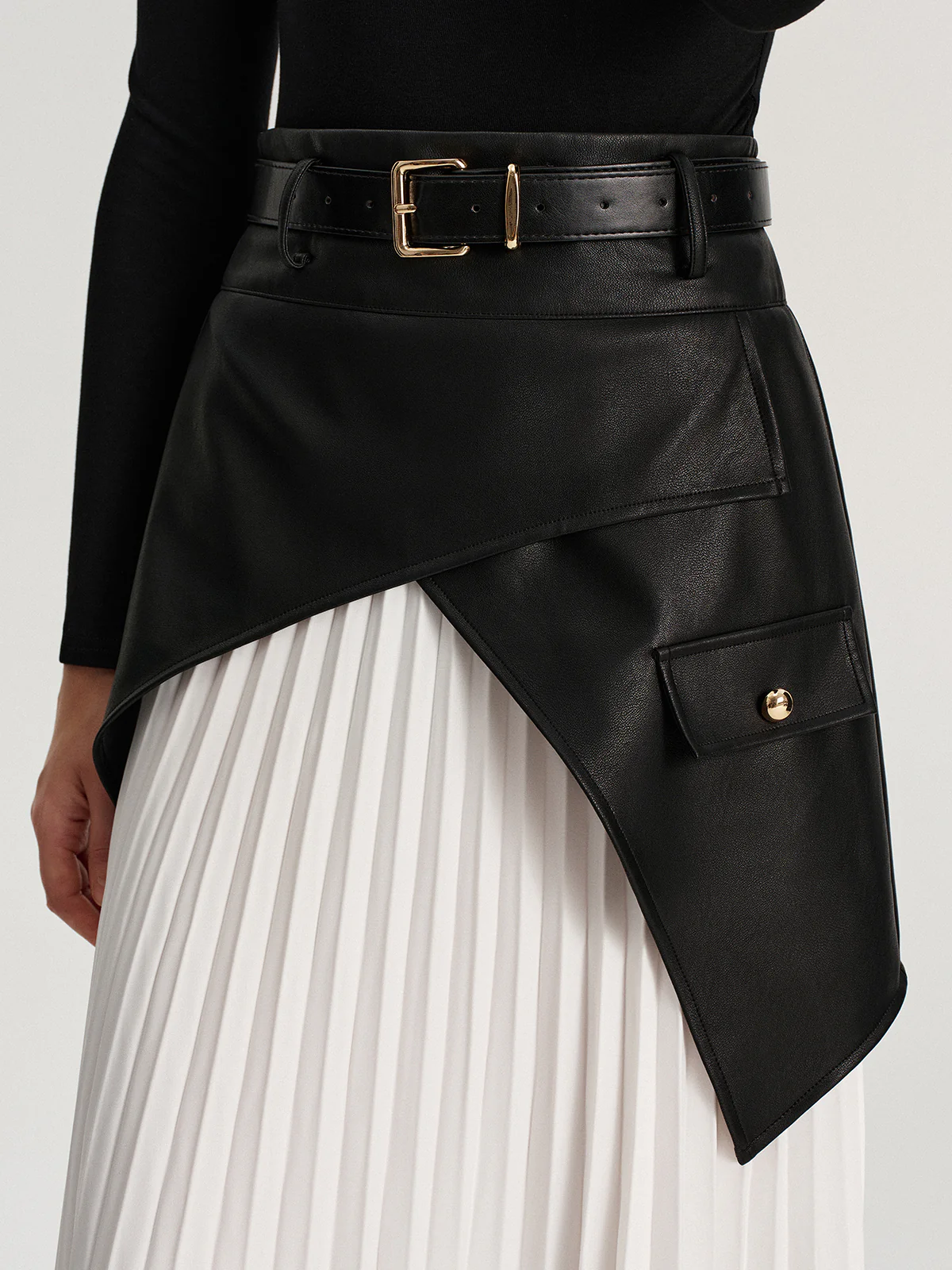 Belted Asymmetric Faux Leather Panel Pleated Maxi Skirt - Image 4