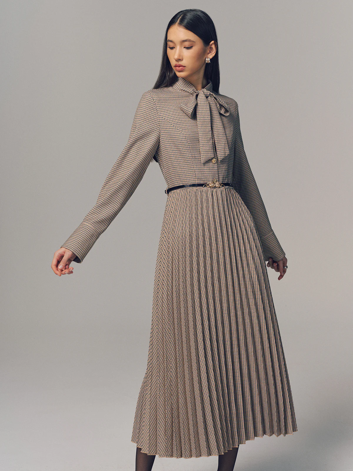 Belted Bow Neck Plaid Pleated Maxi Dress - Image 2