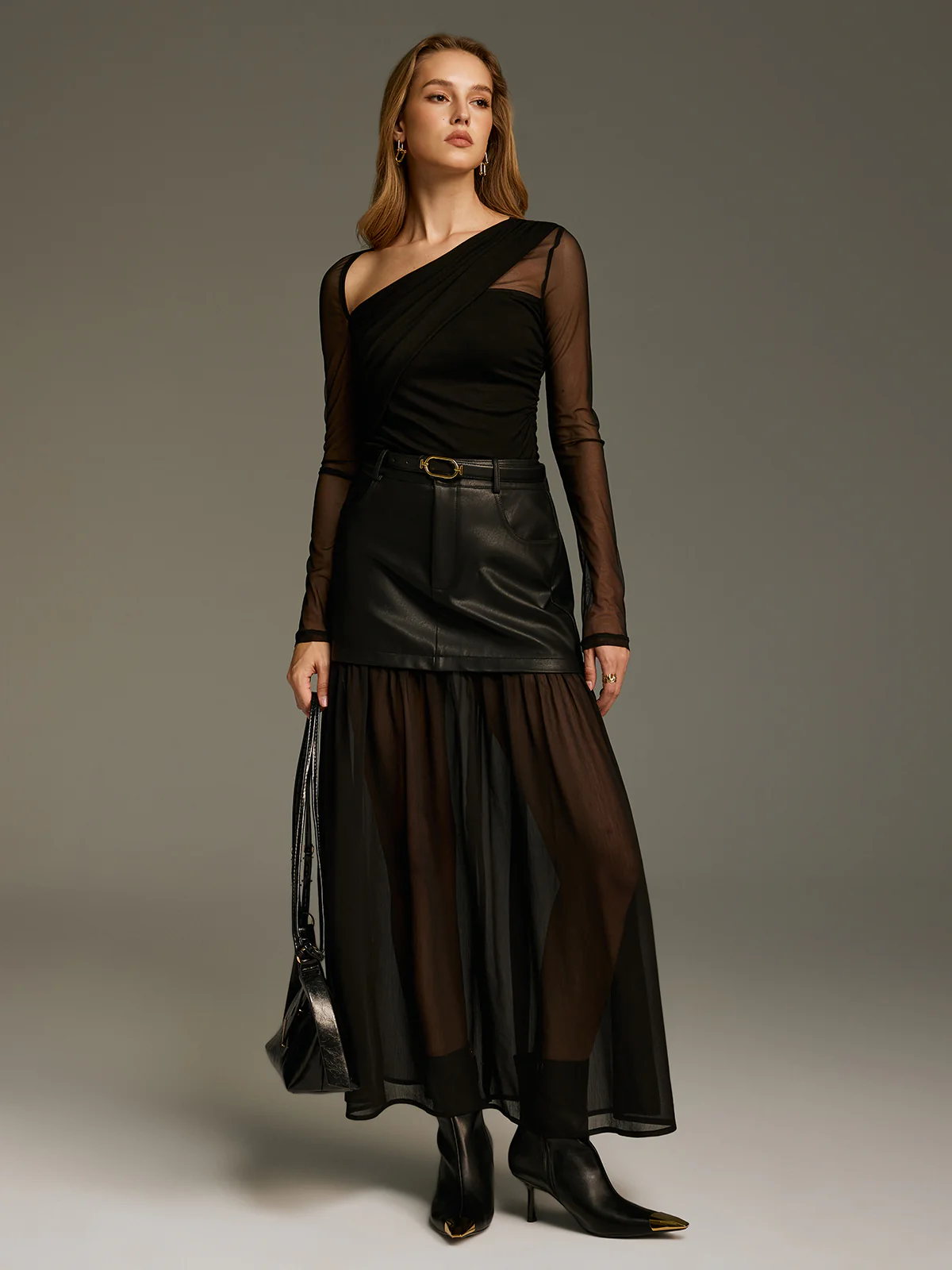 Belted Mesh Hem Faux Leather Maxi Skirt - Image 6