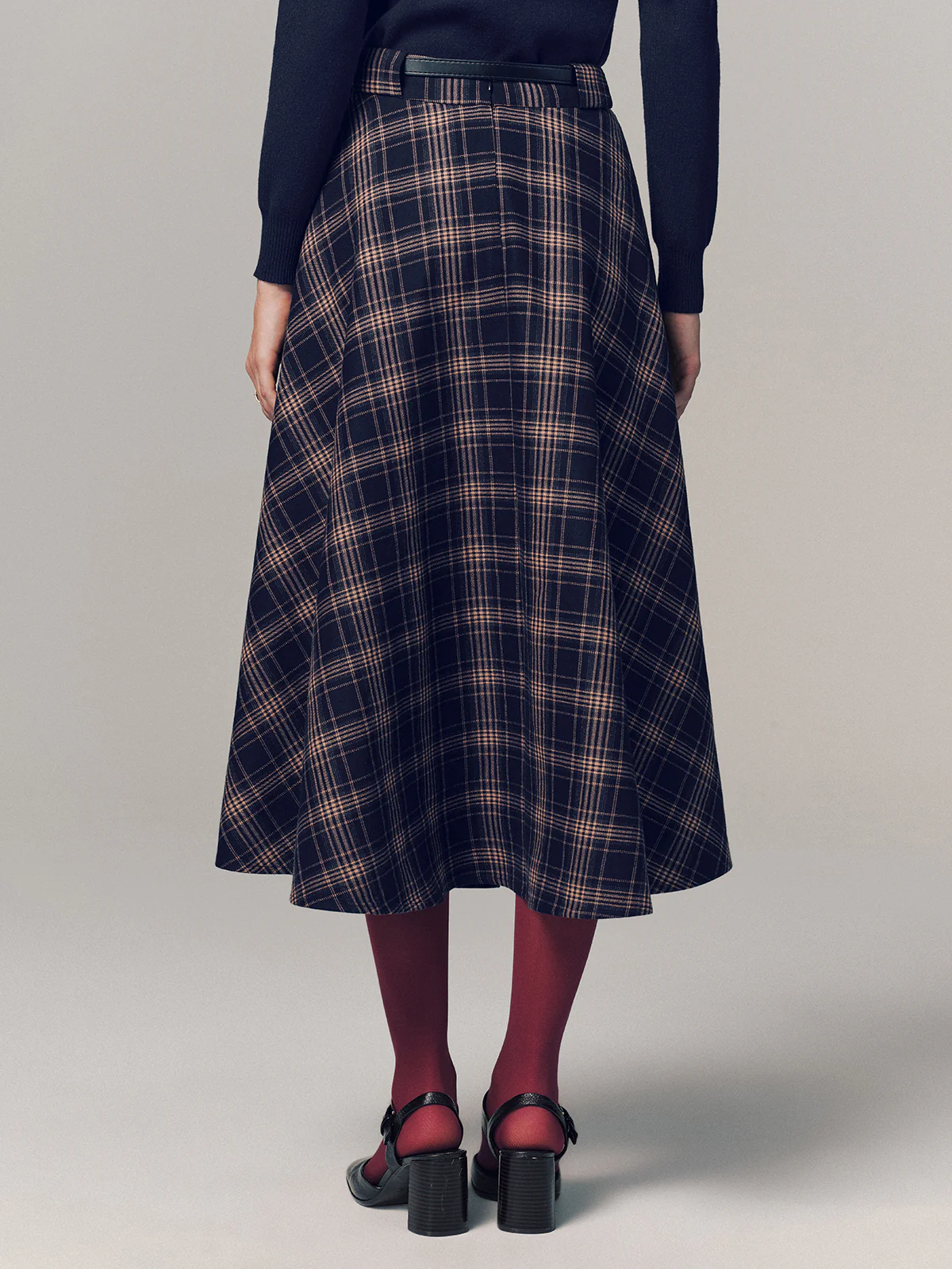 Belted Plaid A-line Midi Skirt - Image 5