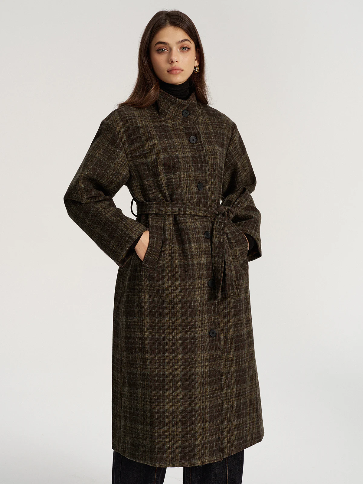 Belted Plaid Tweed Long Coat - Image 4