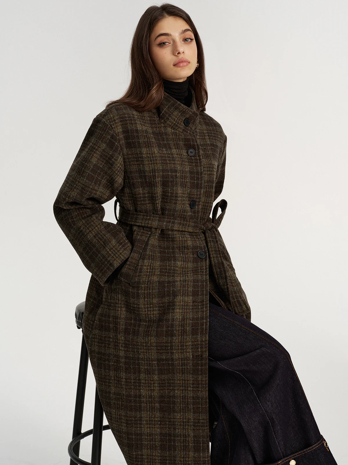Belted Plaid Tweed Long Coat - Image 5