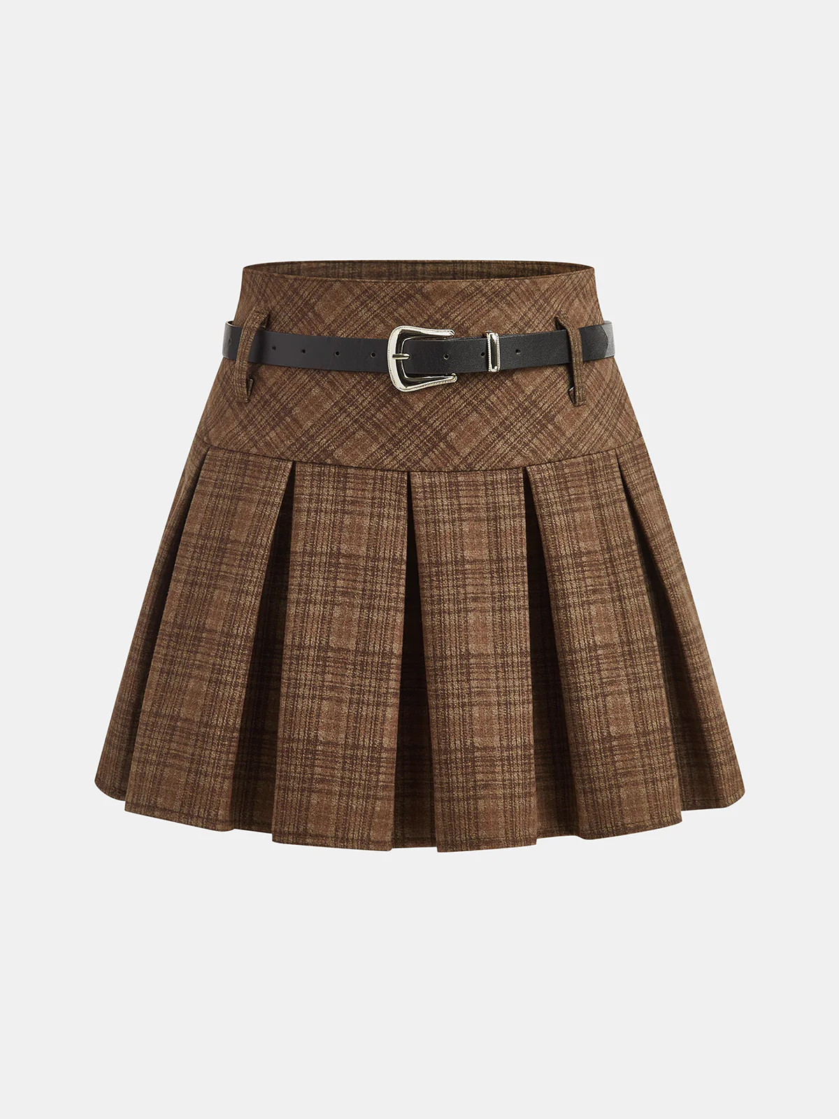 Belted Pleated Plaid Mini Skirt