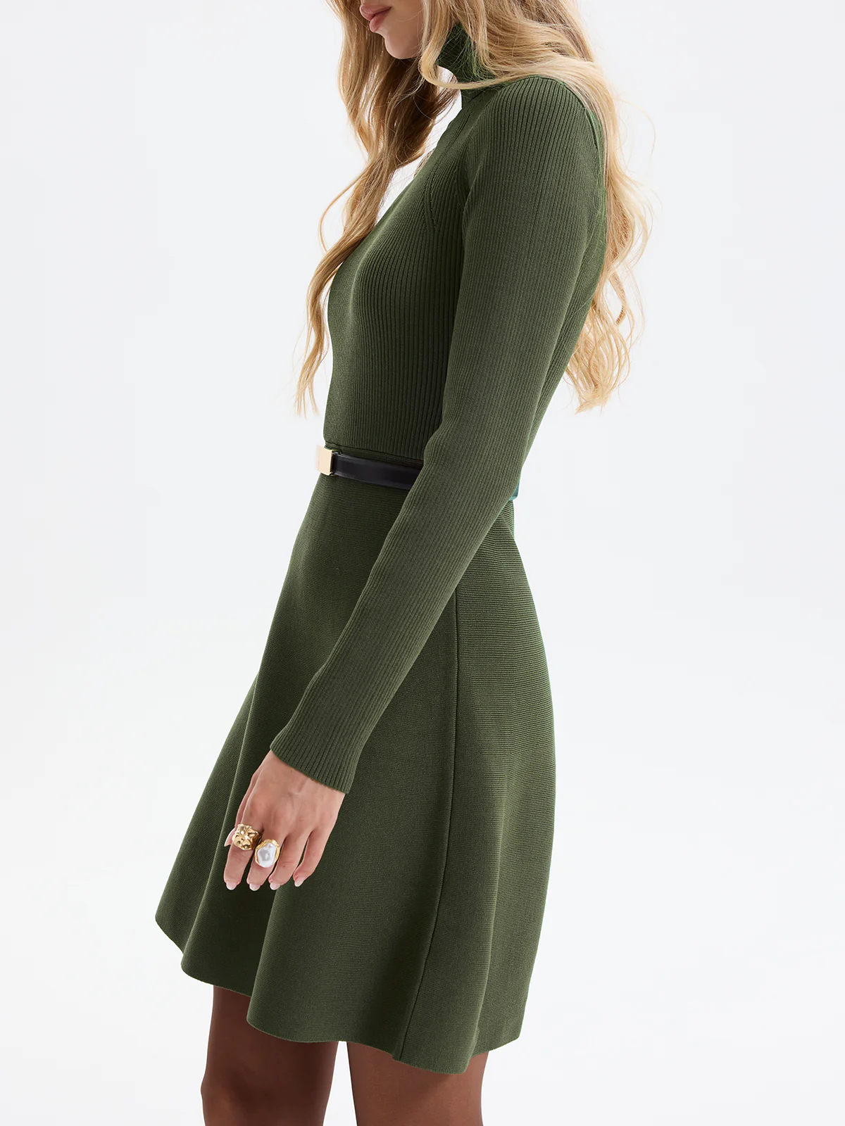 Belted Ribbed Turtleneck Knit Mini Dress - Image 3