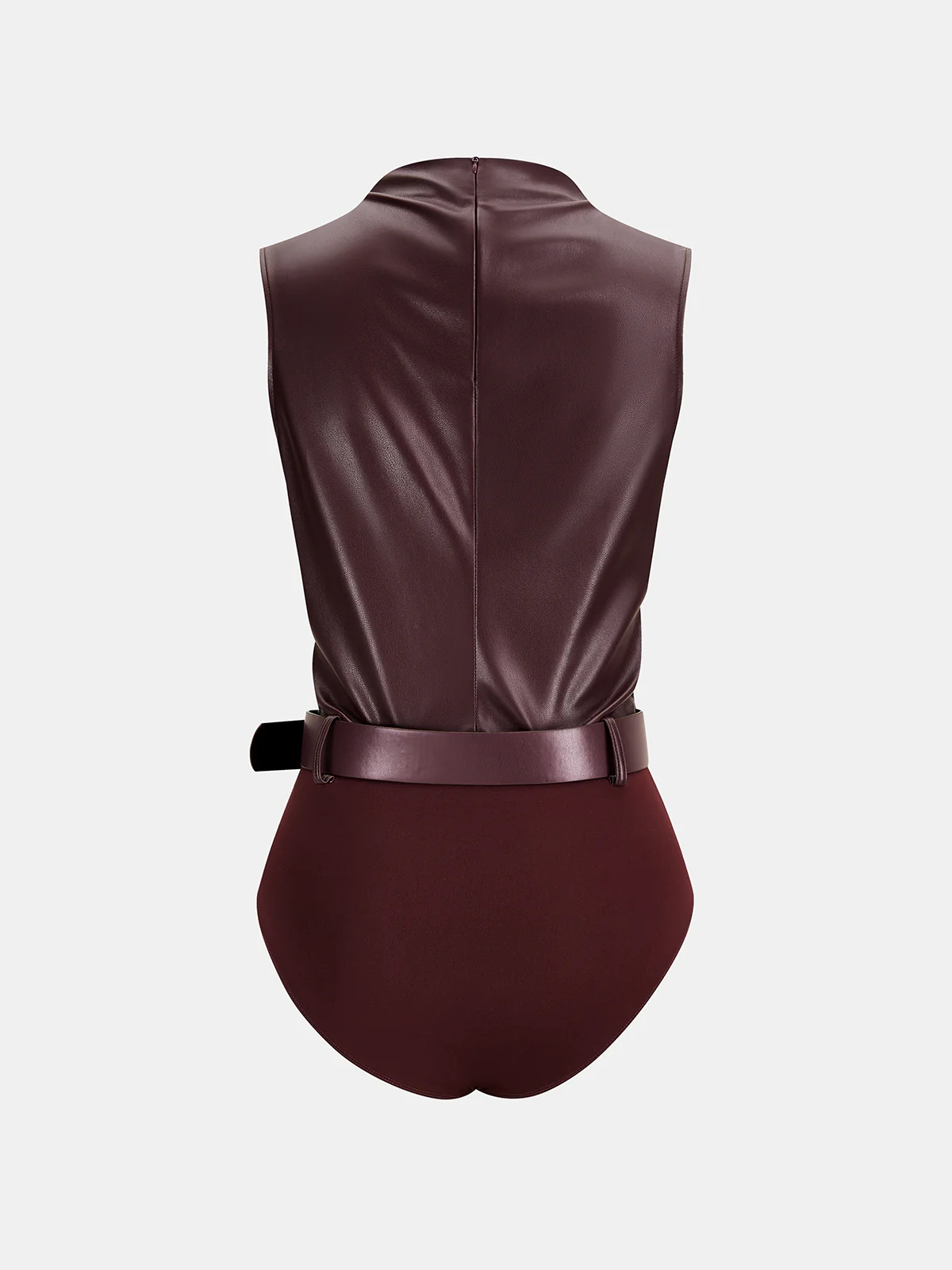 Belted Ruched Sleeveless Faux Leather Bodysuit - Image 2