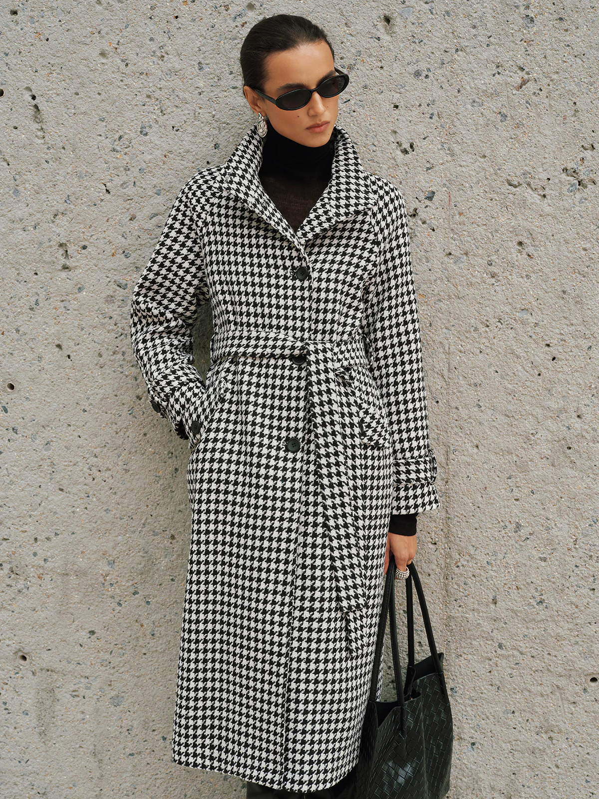 Belted Tweed Houndstooth Long Trench Coat - Image 2