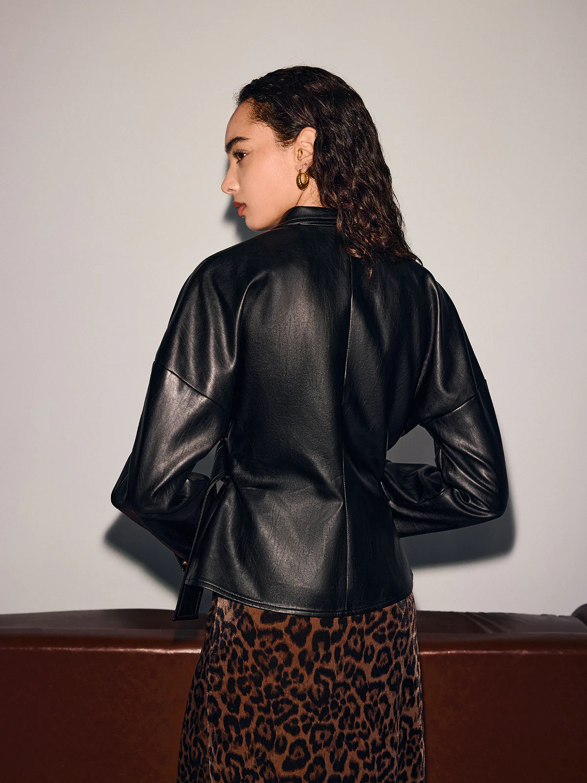 Buckle-Accented Cinched-Waist Faux Leather Jacket - Image 6