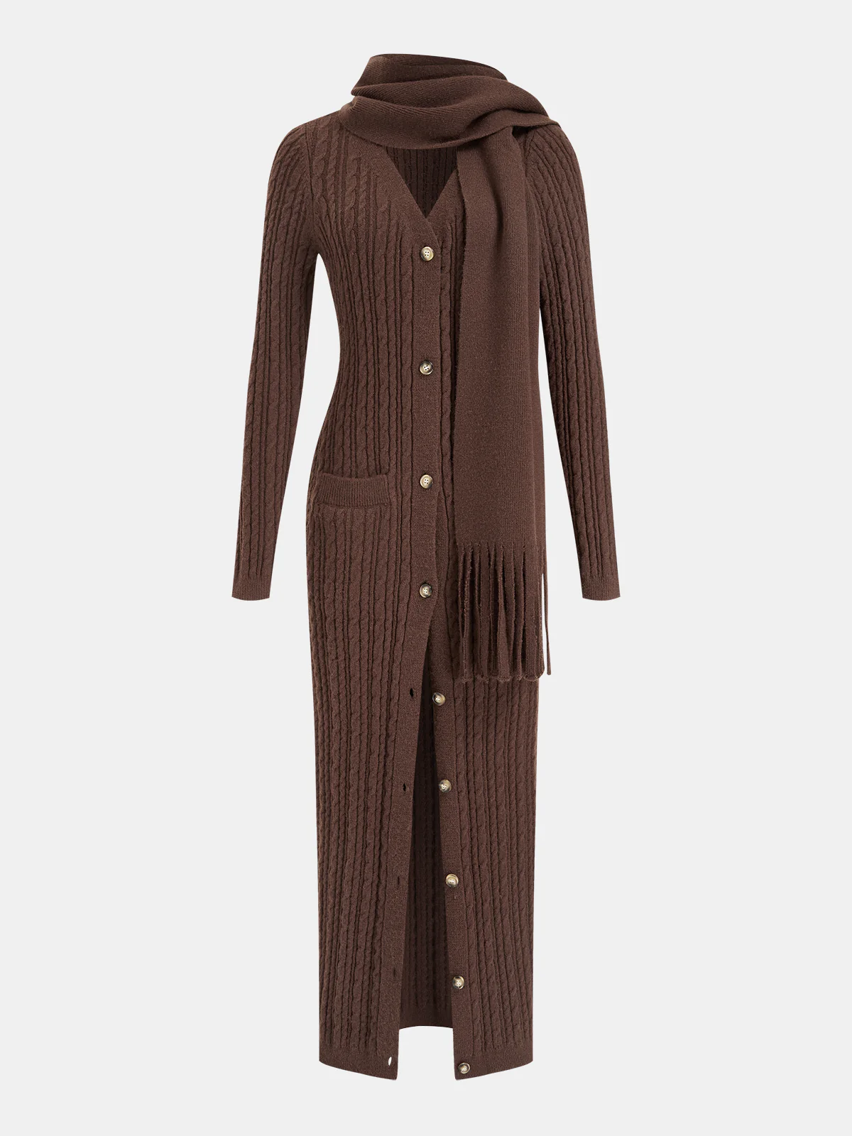 Cable-Knit Dress with Matching Fringe Scarf