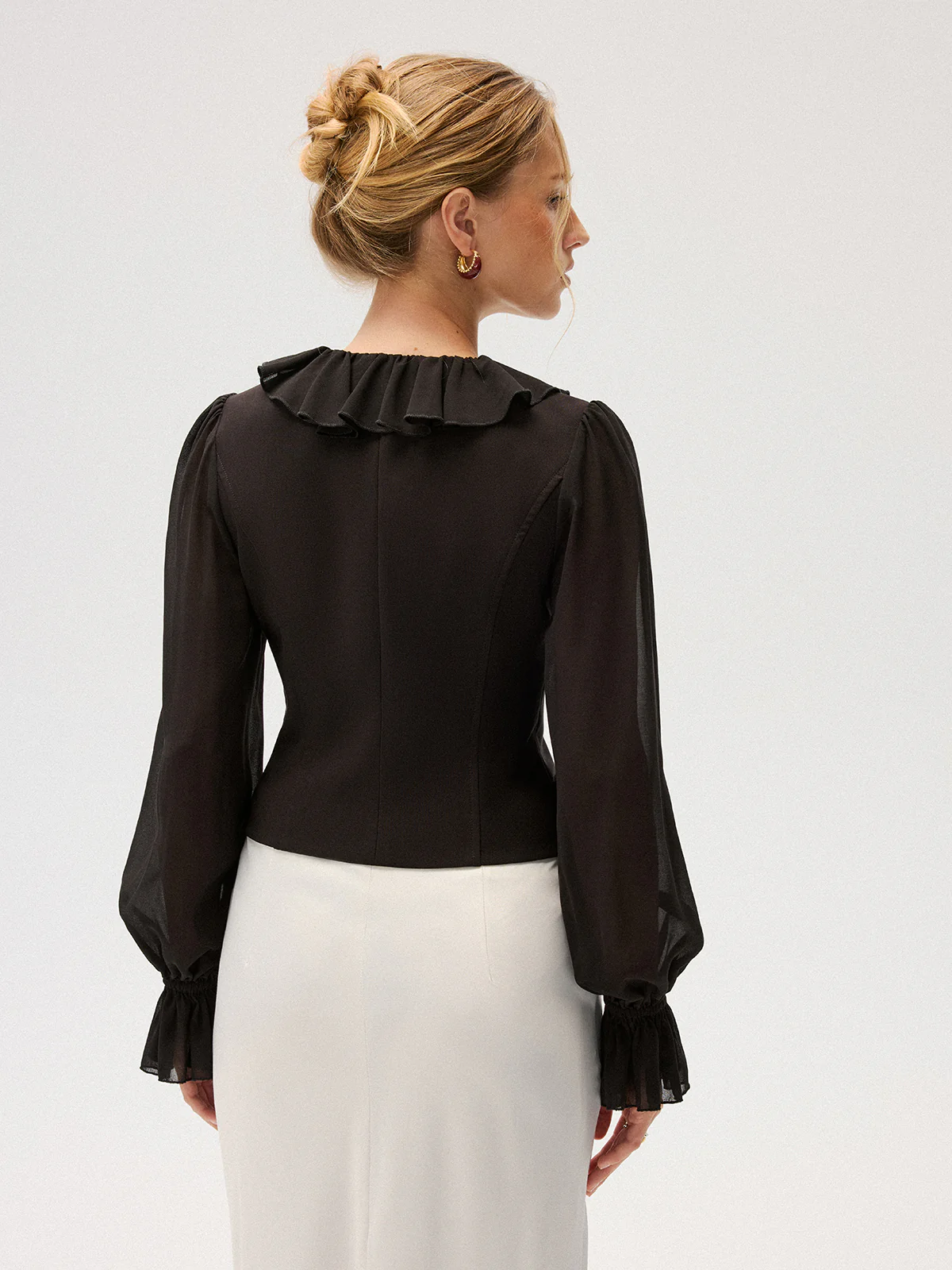 Chiffon Ruffle Rose Double-Breasted Blouse - Image 5
