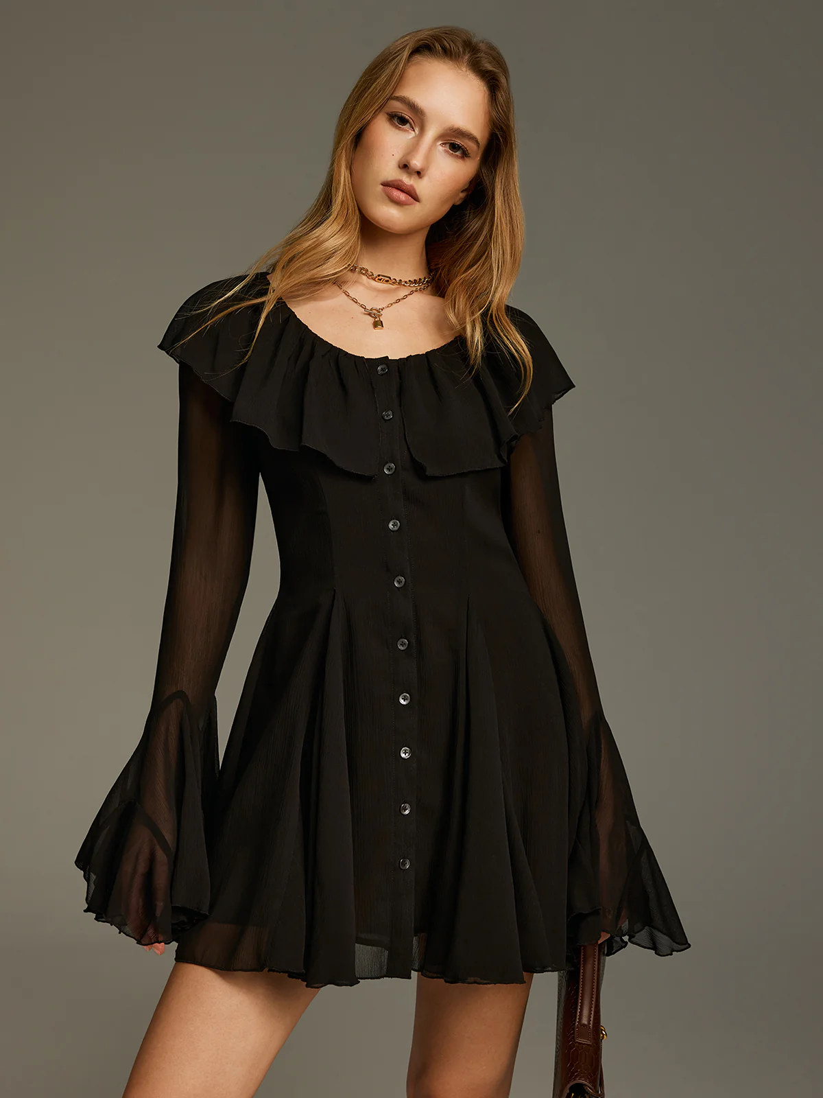 Chiffon Ruffled Bell-Sleeve Mini Dress - Image 3