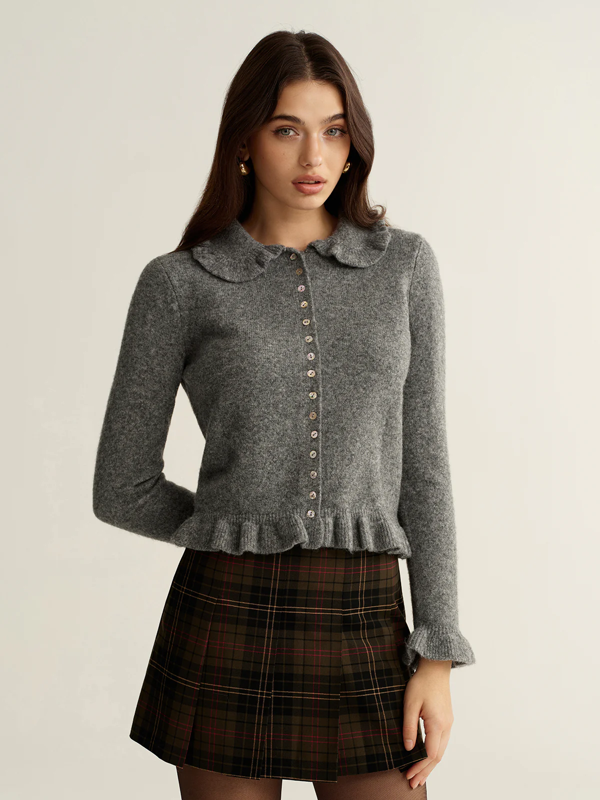 Collared Wool-Blend Ruffled Cardigan