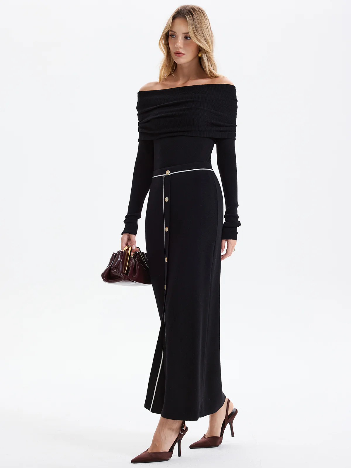 Contrast-Trim Button-Front Maxi Knit Skirt