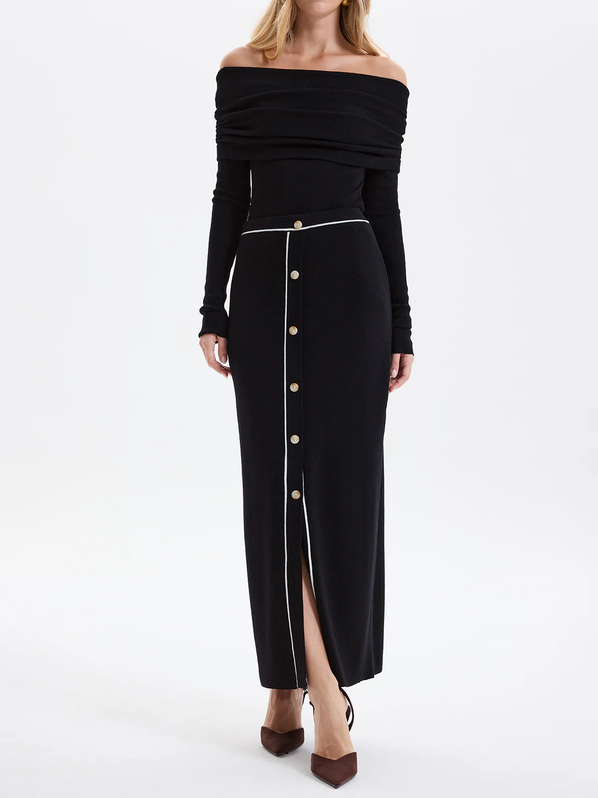 Contrast-Trim Button-Front Maxi Knit Skirt - Image 3
