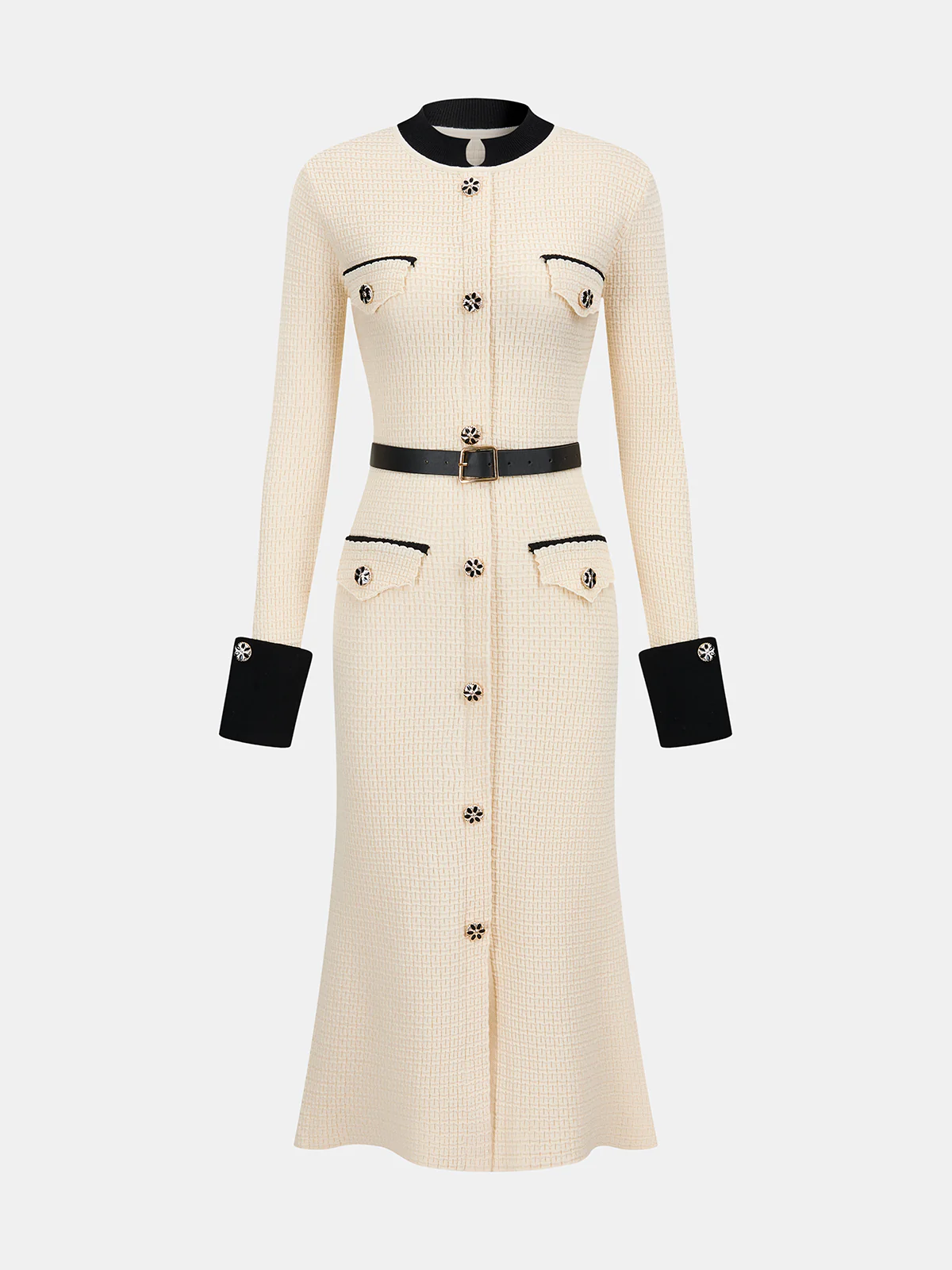 Contrast-Trim Button-Front Midi Dress with Belt