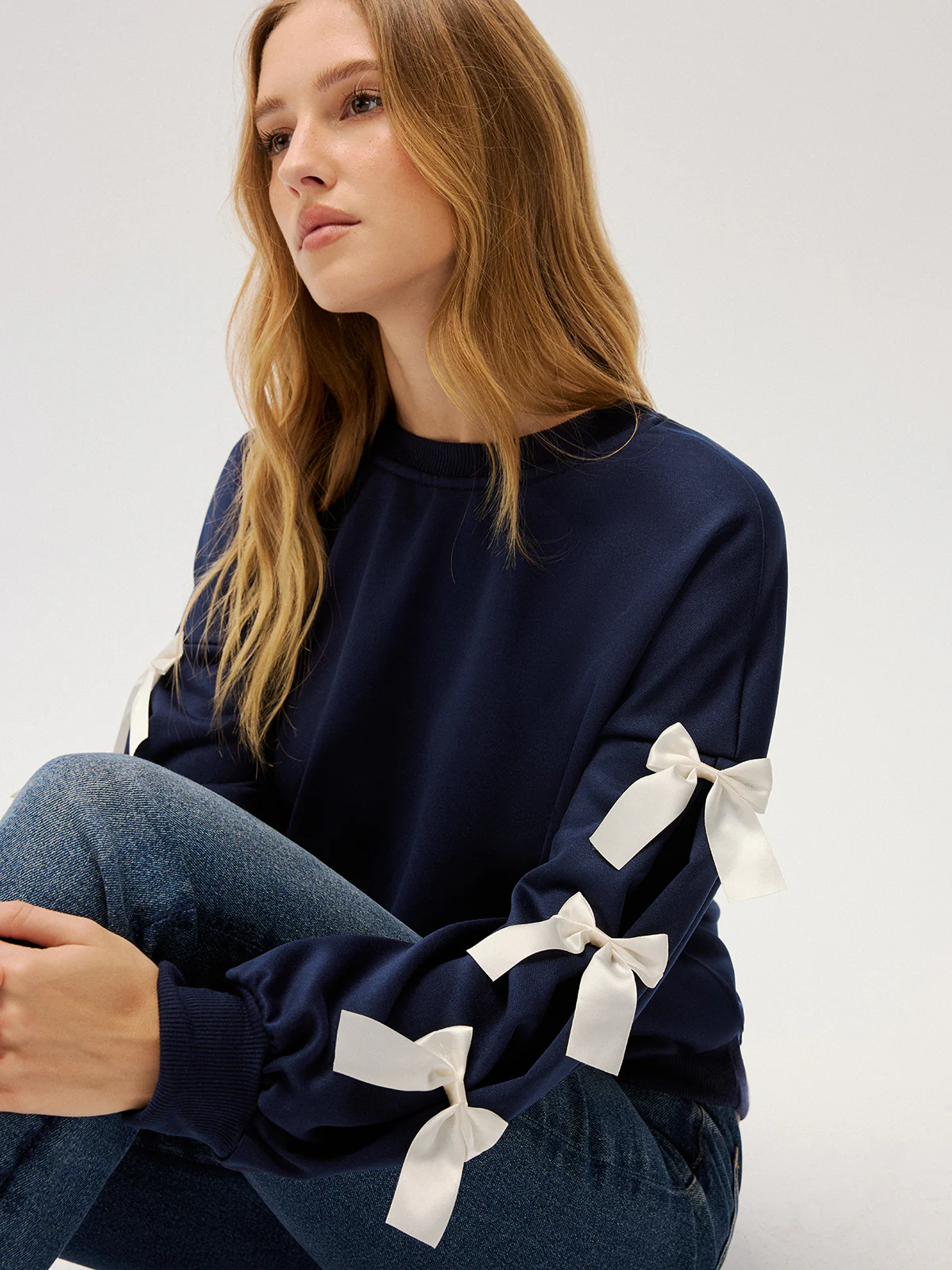 Crew Neck Bow Accent Sweatshirt - Image 3