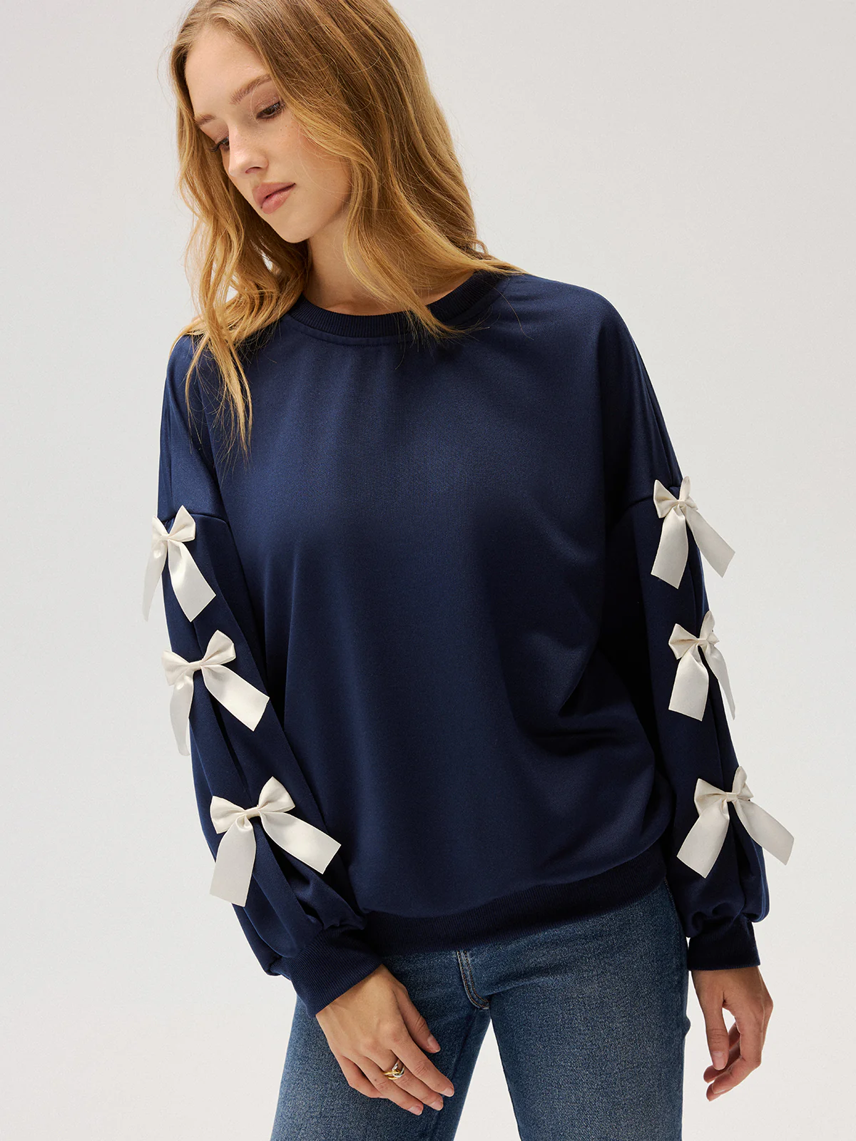 Crew Neck Bow Accent Sweatshirt - Image 5