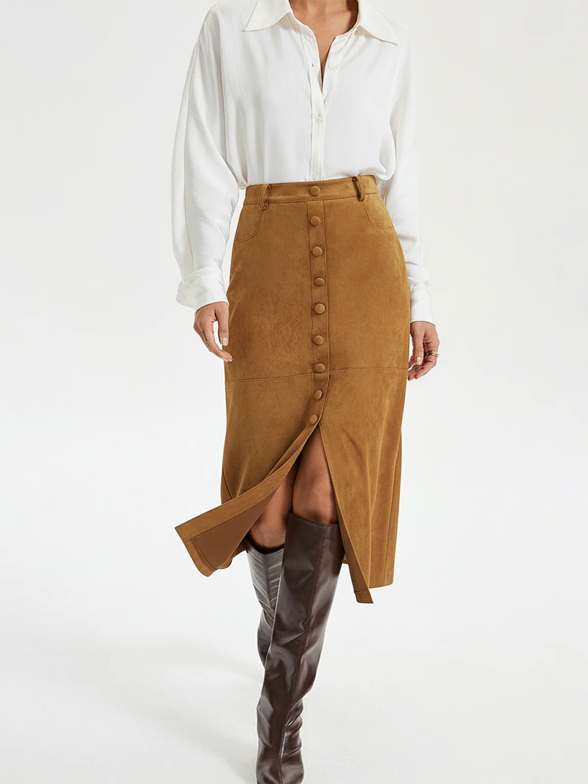 Decorative Button Suede Effect Slit Midi Skirt