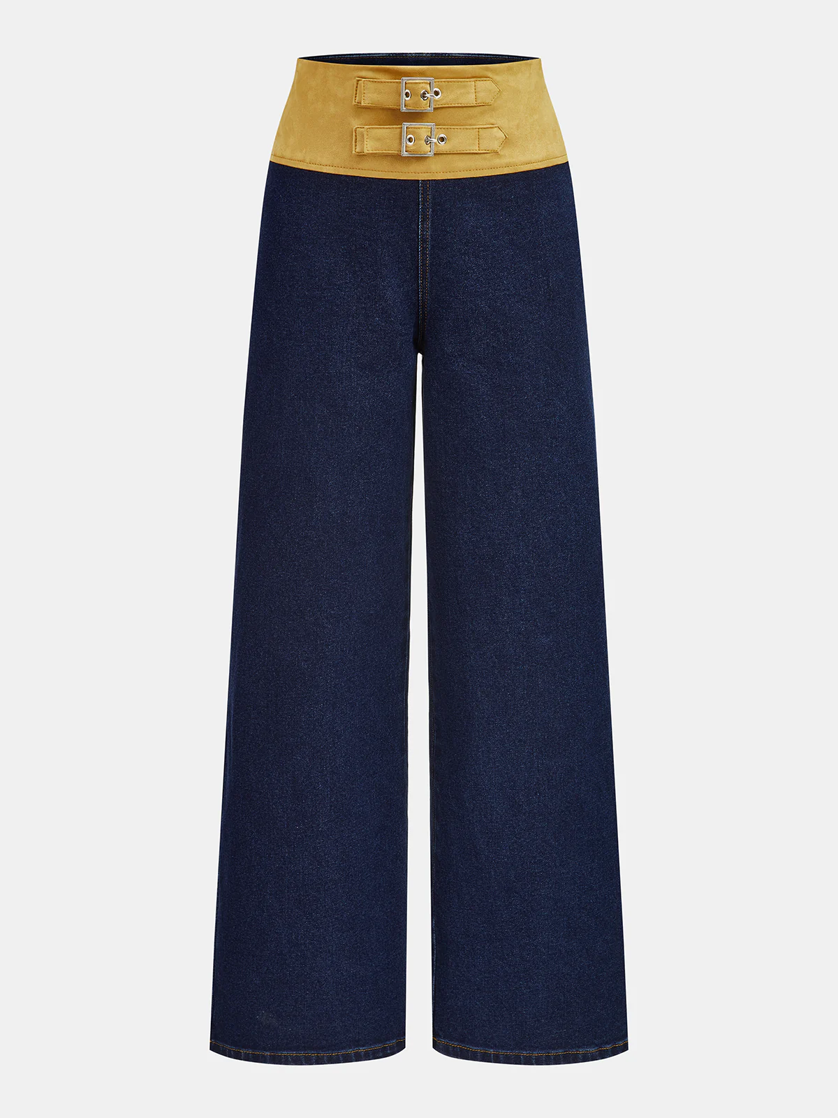 Double Buckle Suede Waist Wide-Leg Jeans