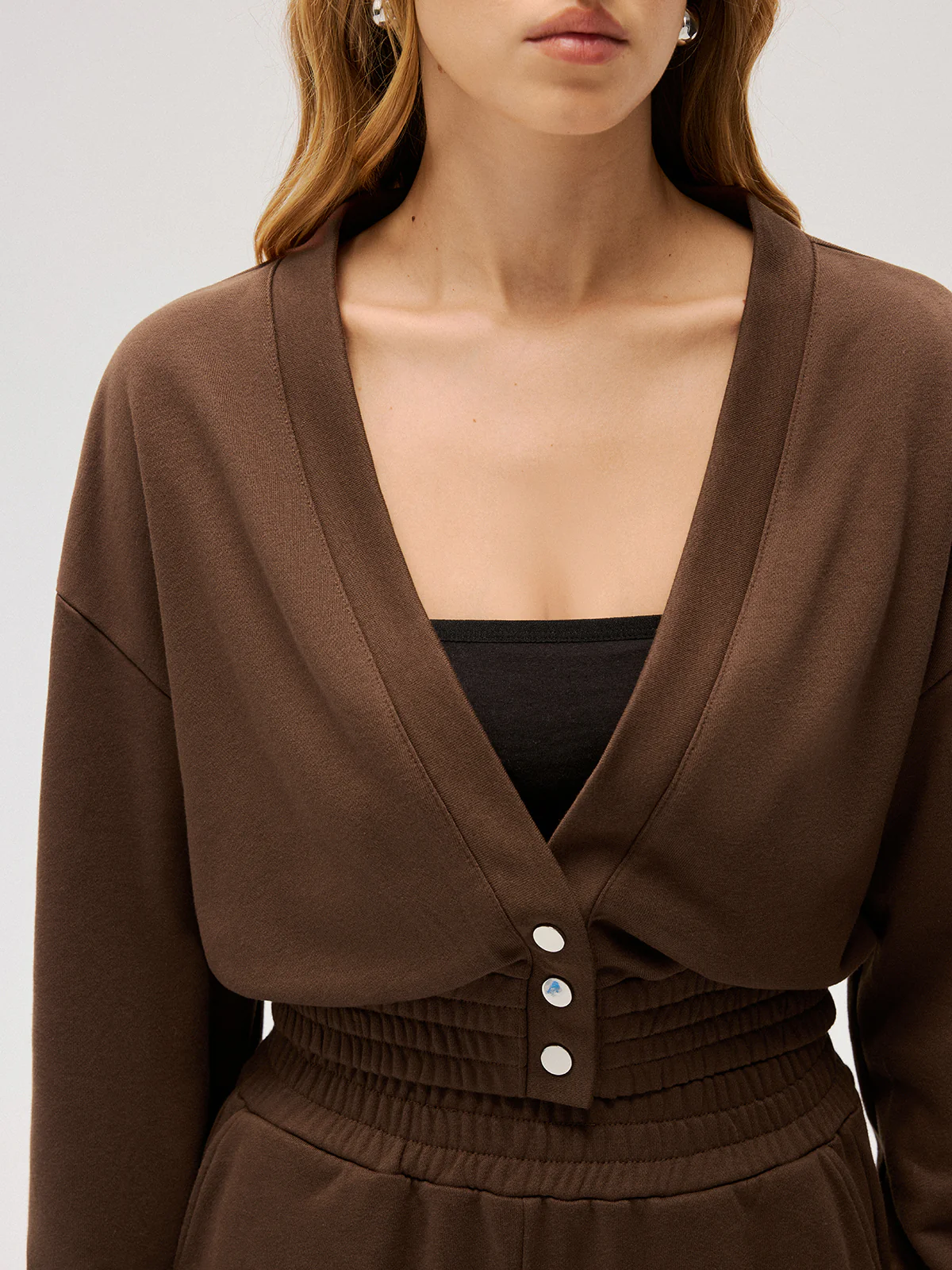 Elastic-Waist Button-Front Cropped Sweatshirt - Image 3