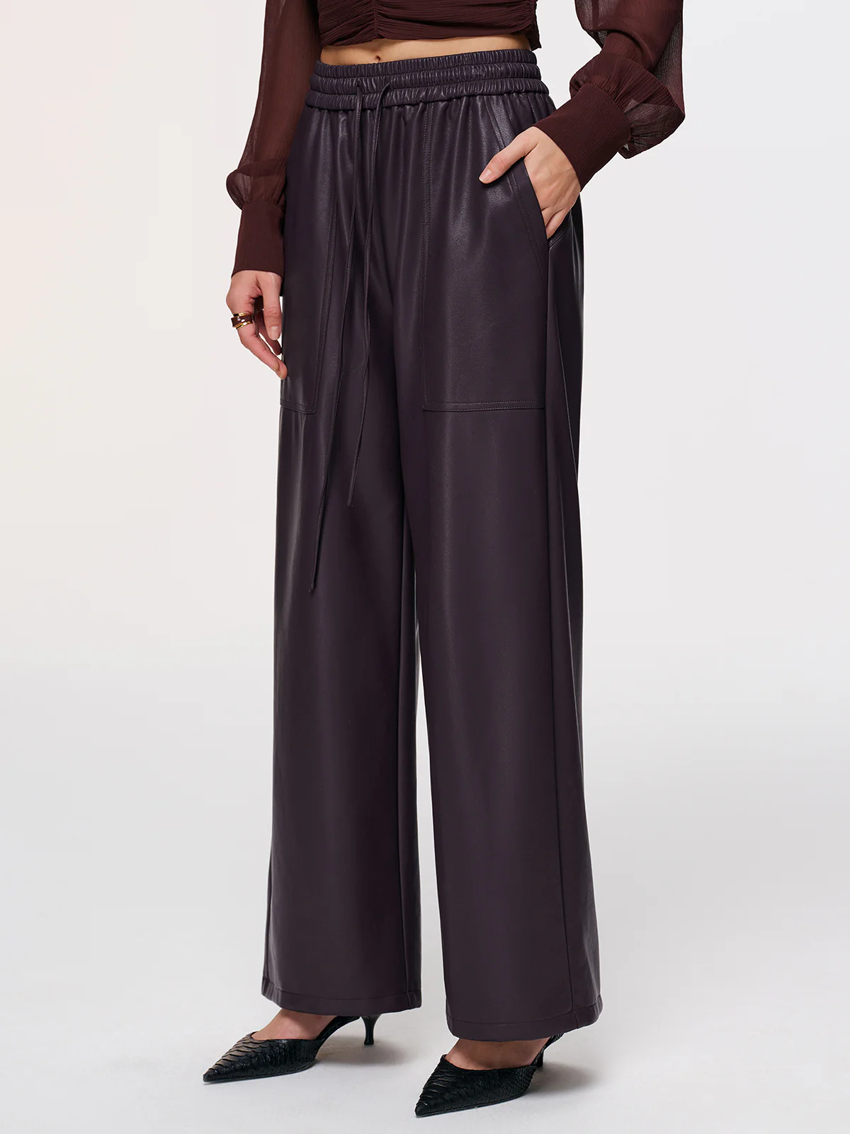 Elastic Waistband Faux Leather Pants - Image 5