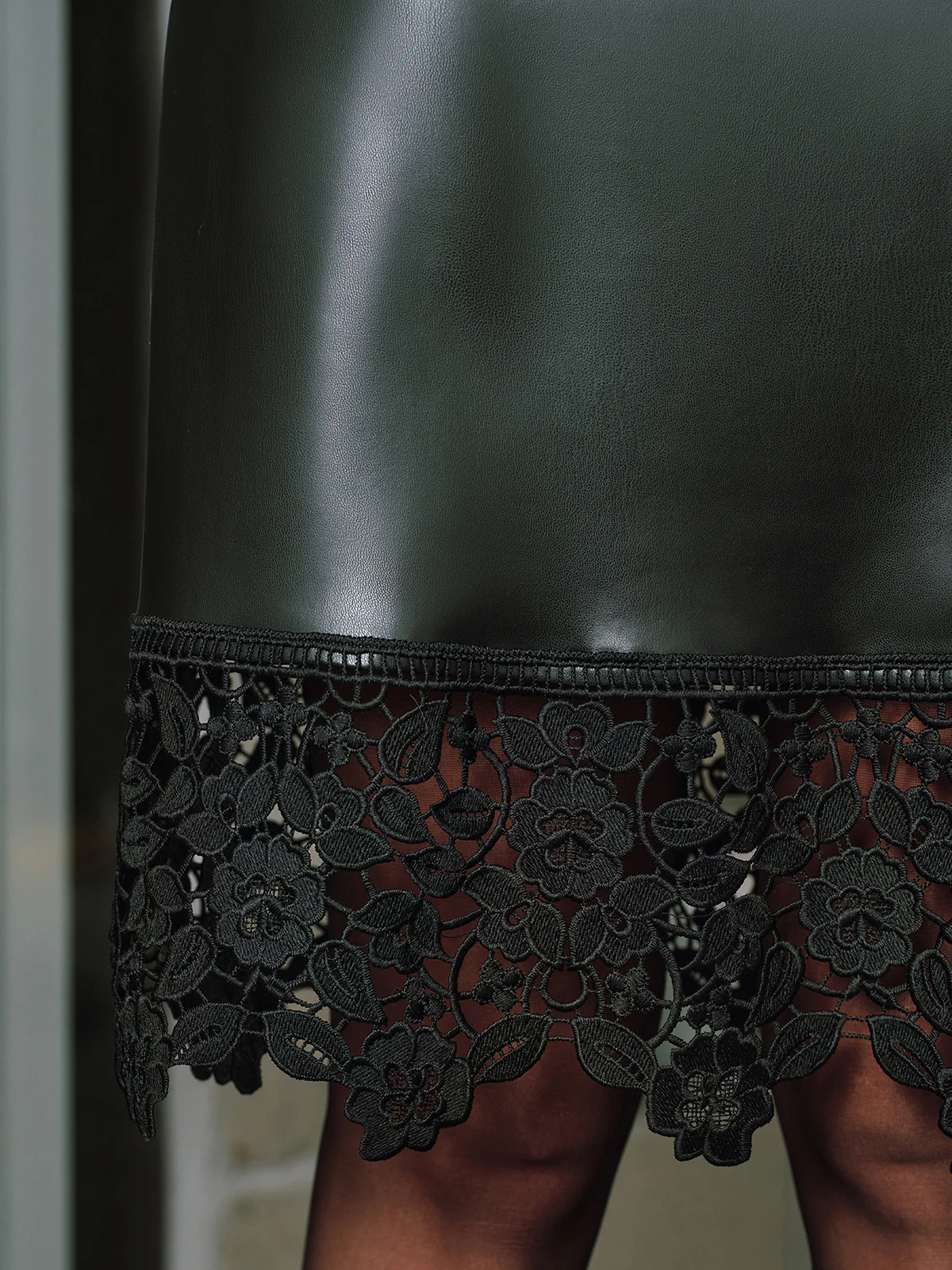 Faux Leather Lace-Trimmed Slit Midi Skirt - Image 4