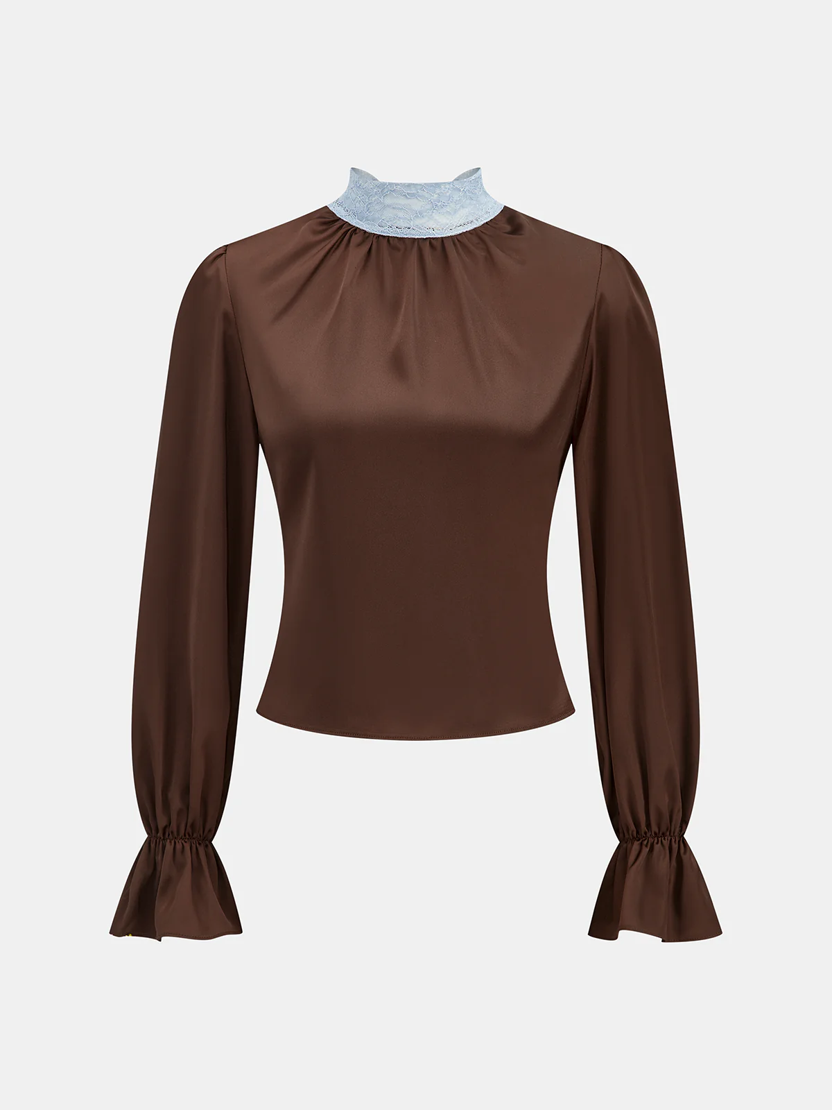 Flared Cuff Lace-Neck Satin Blouse - Image 2