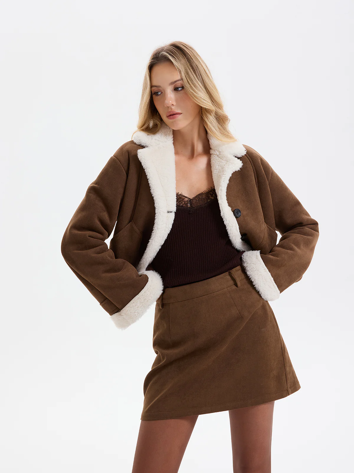 Fleece Lined Suede Effect Cropped Jacket - Image 4