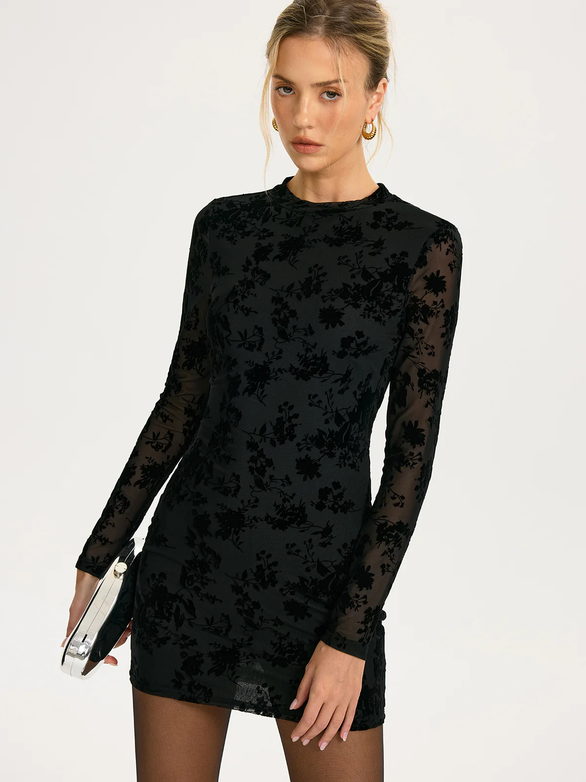 Flocked Floral Mesh Backless Mini Dress - Image 2