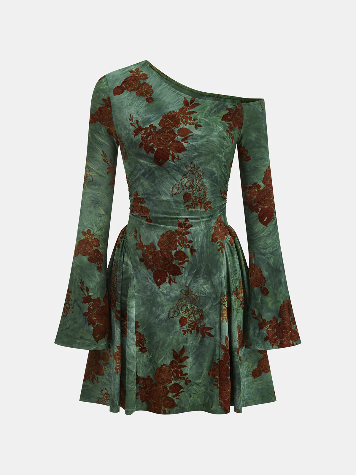 Flocked Floral Print One-Shoulder Mini Dress - Image 2