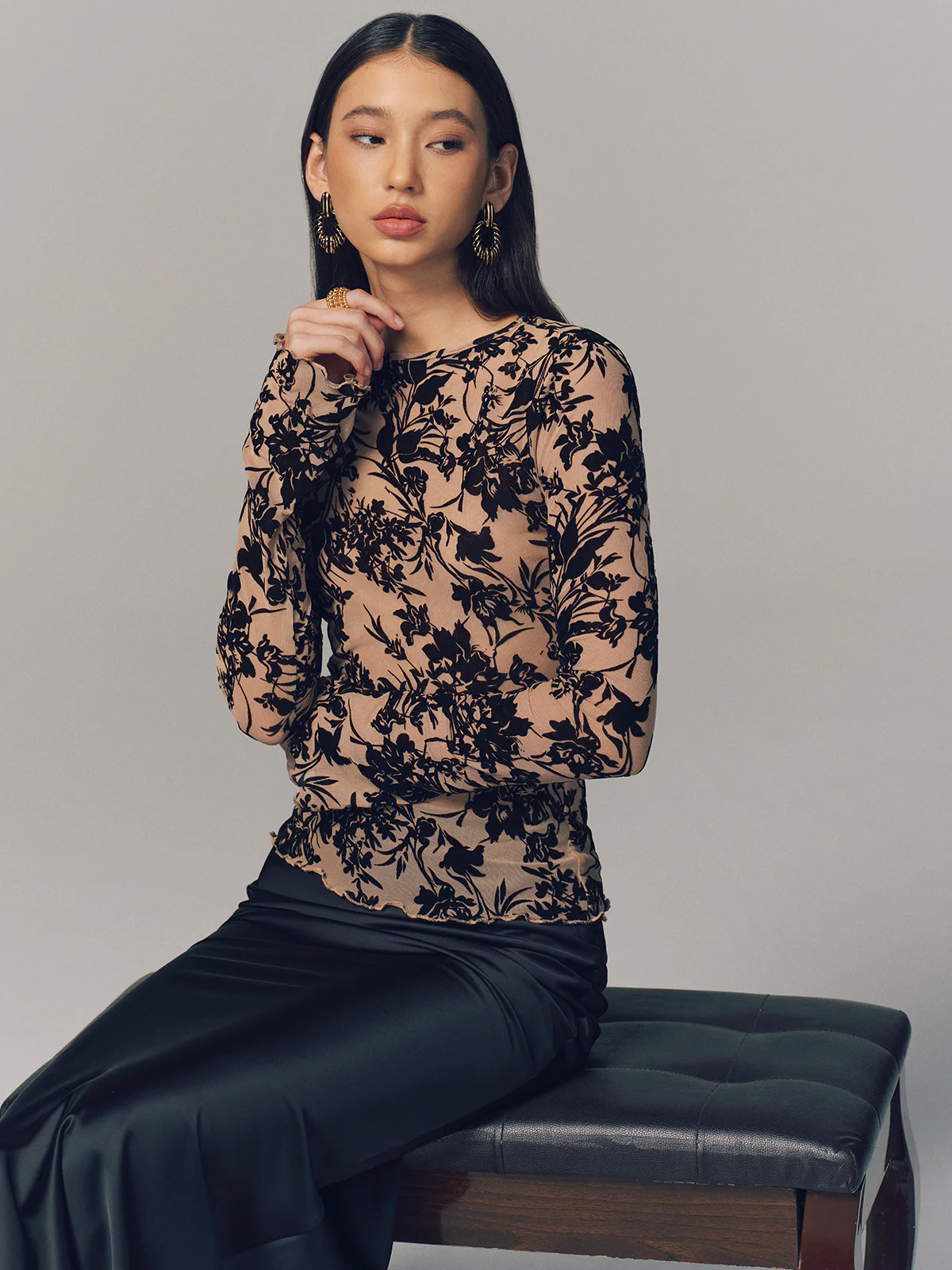 Flocked Sheer Mesh Long Sleeve Top - Image 5