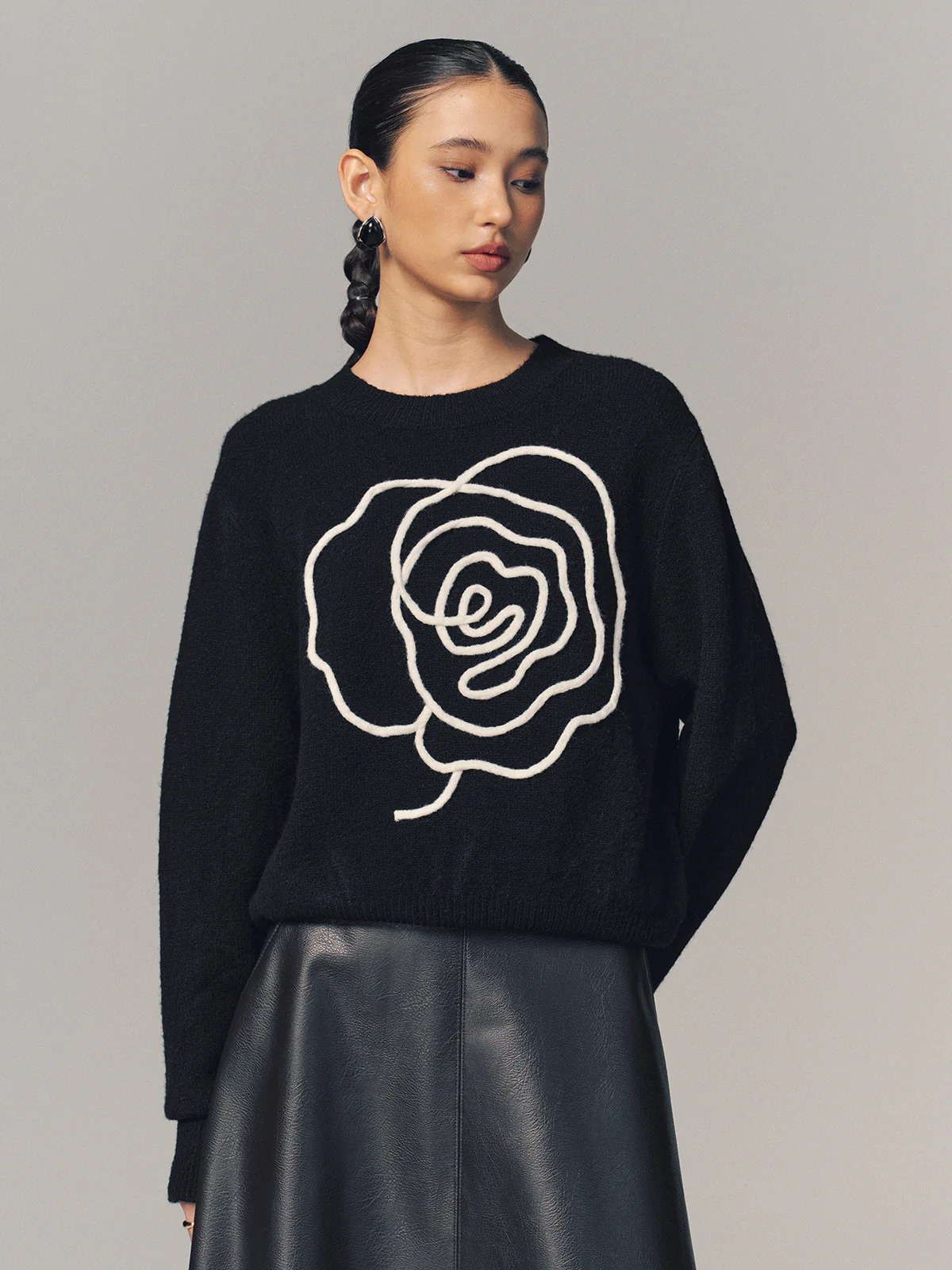 Floral Applique Crew Neck Sweater - Image 2