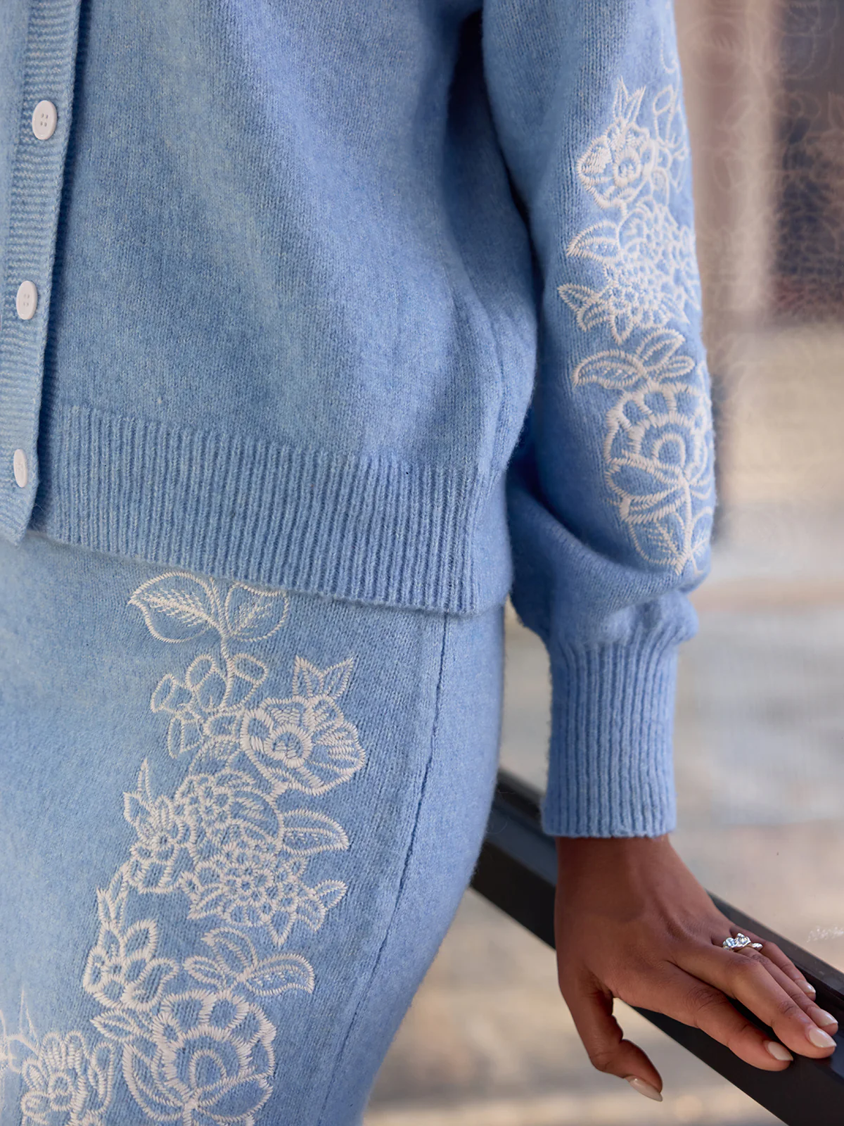 Floral-Embroidered Knit Cardigan & Mini Skirt Set - Image 6