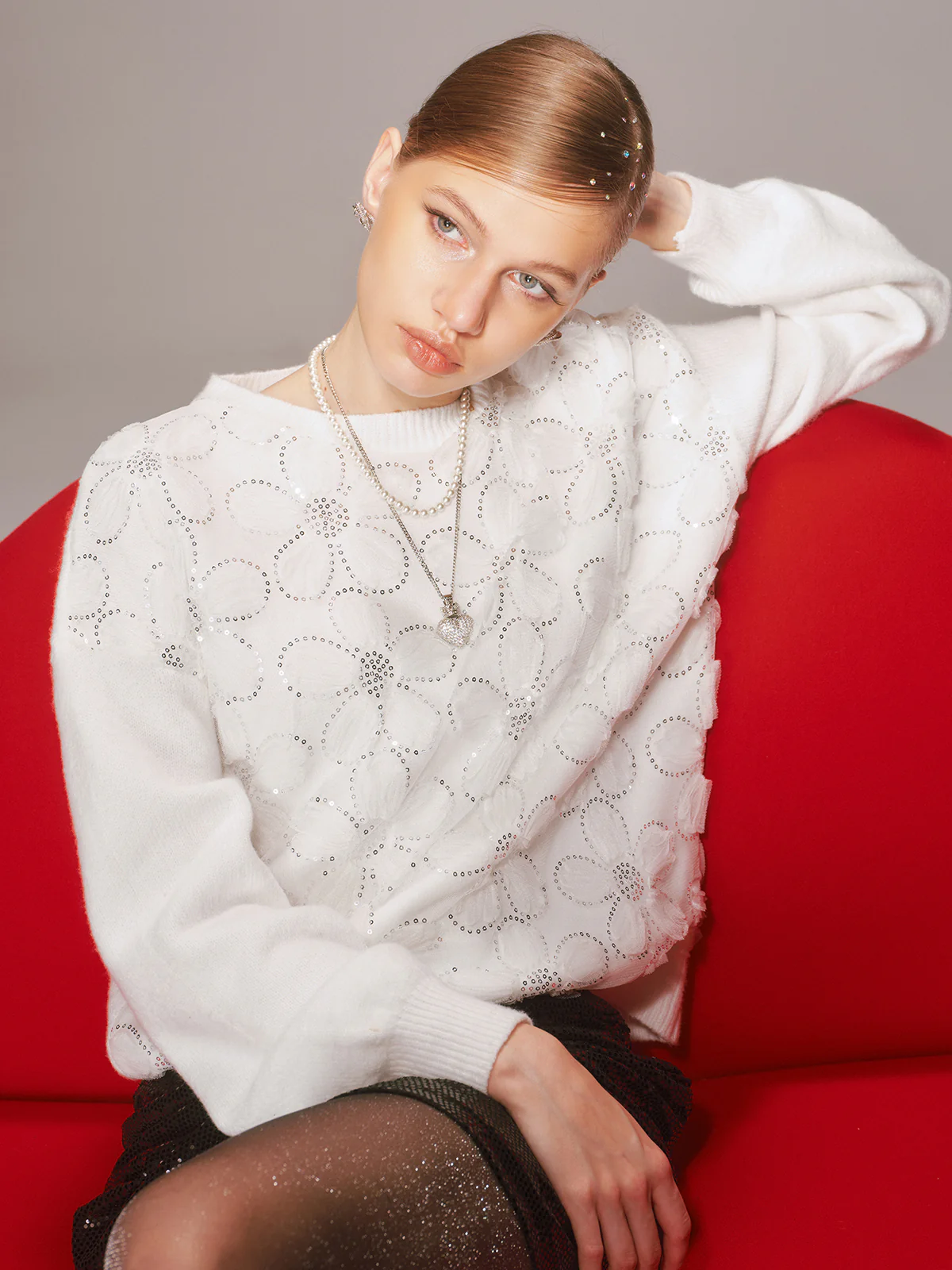 Floral Sequin Mesh Detail Sweater - Image 3
