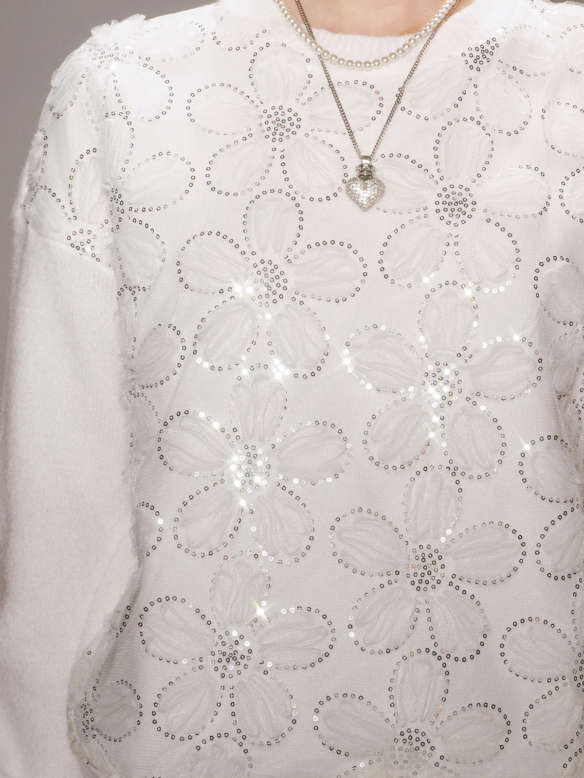 Floral Sequin Mesh Detail Sweater - Image 4
