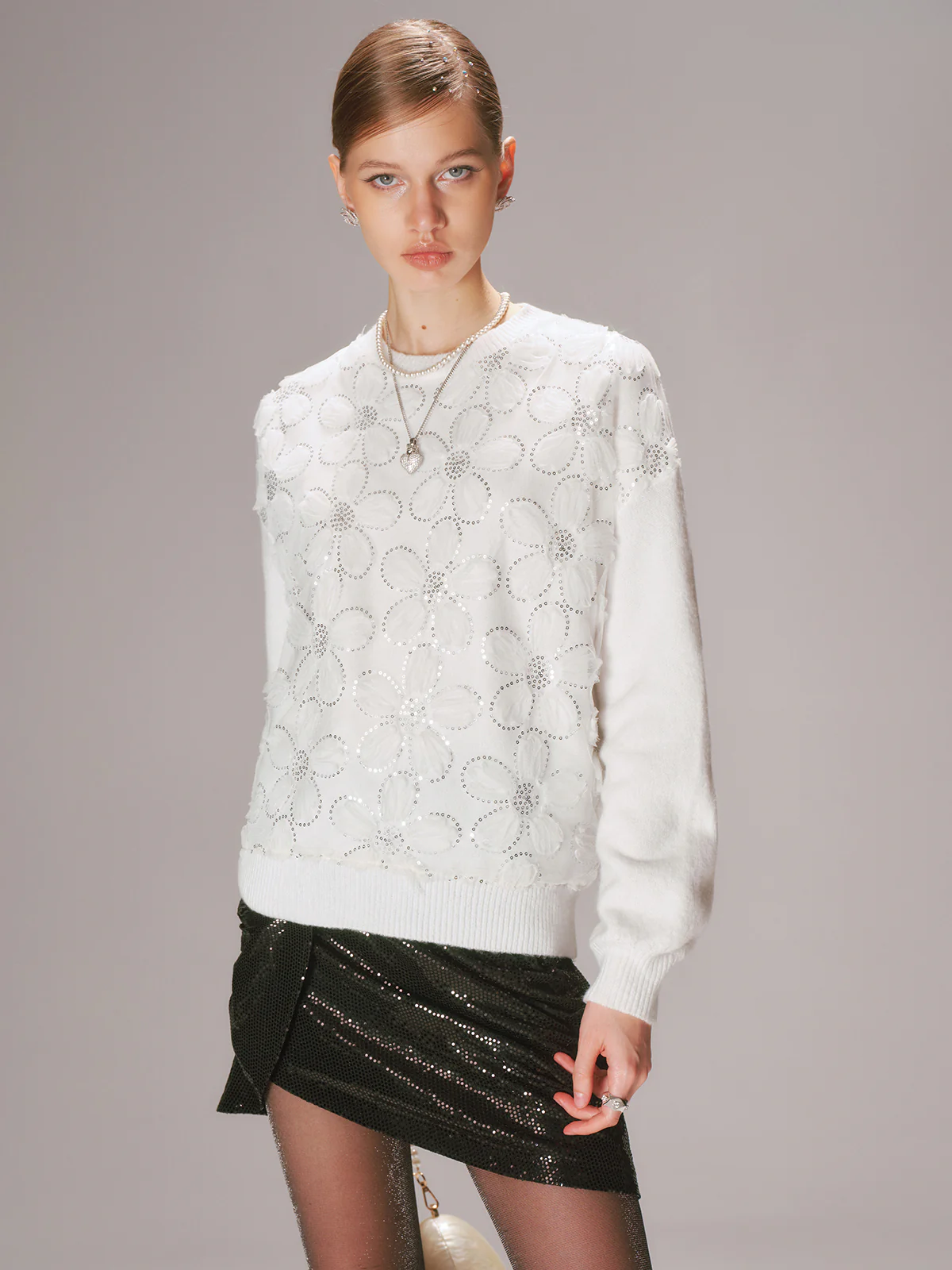 Floral Sequin Mesh Detail Sweater - Image 5