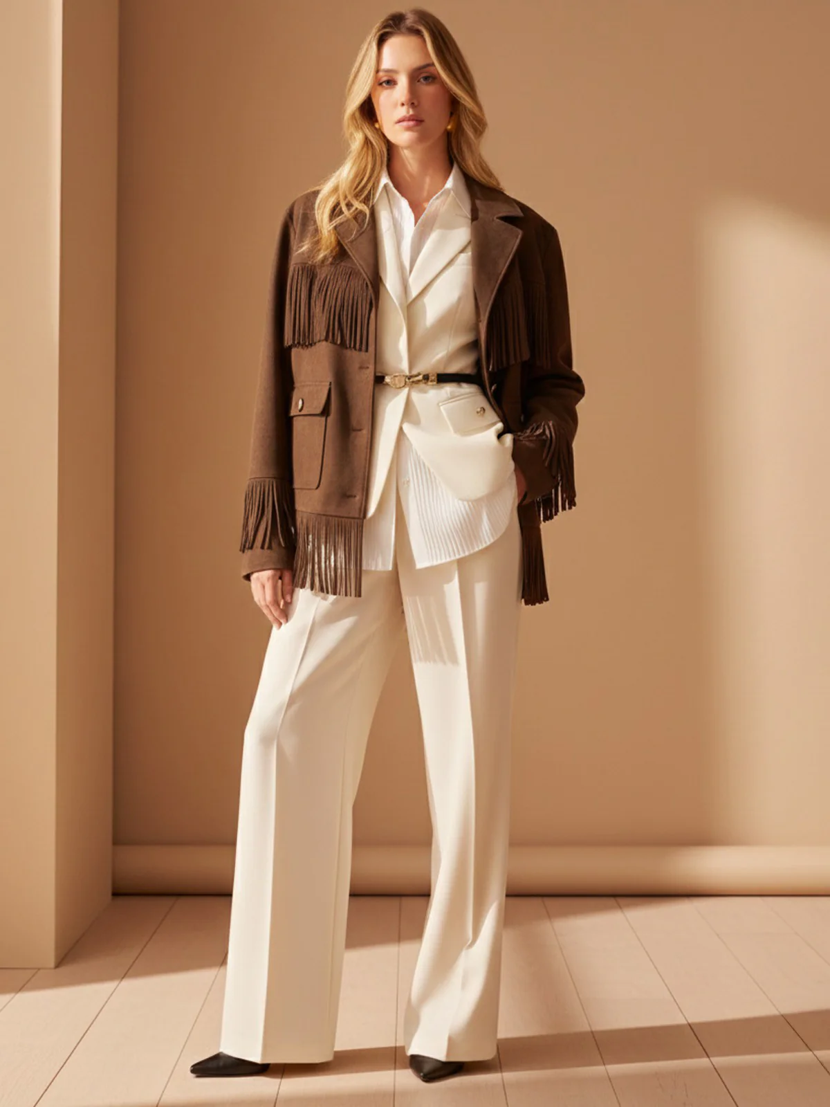 Fringe Button-Front Collared Suede Effect Jacket