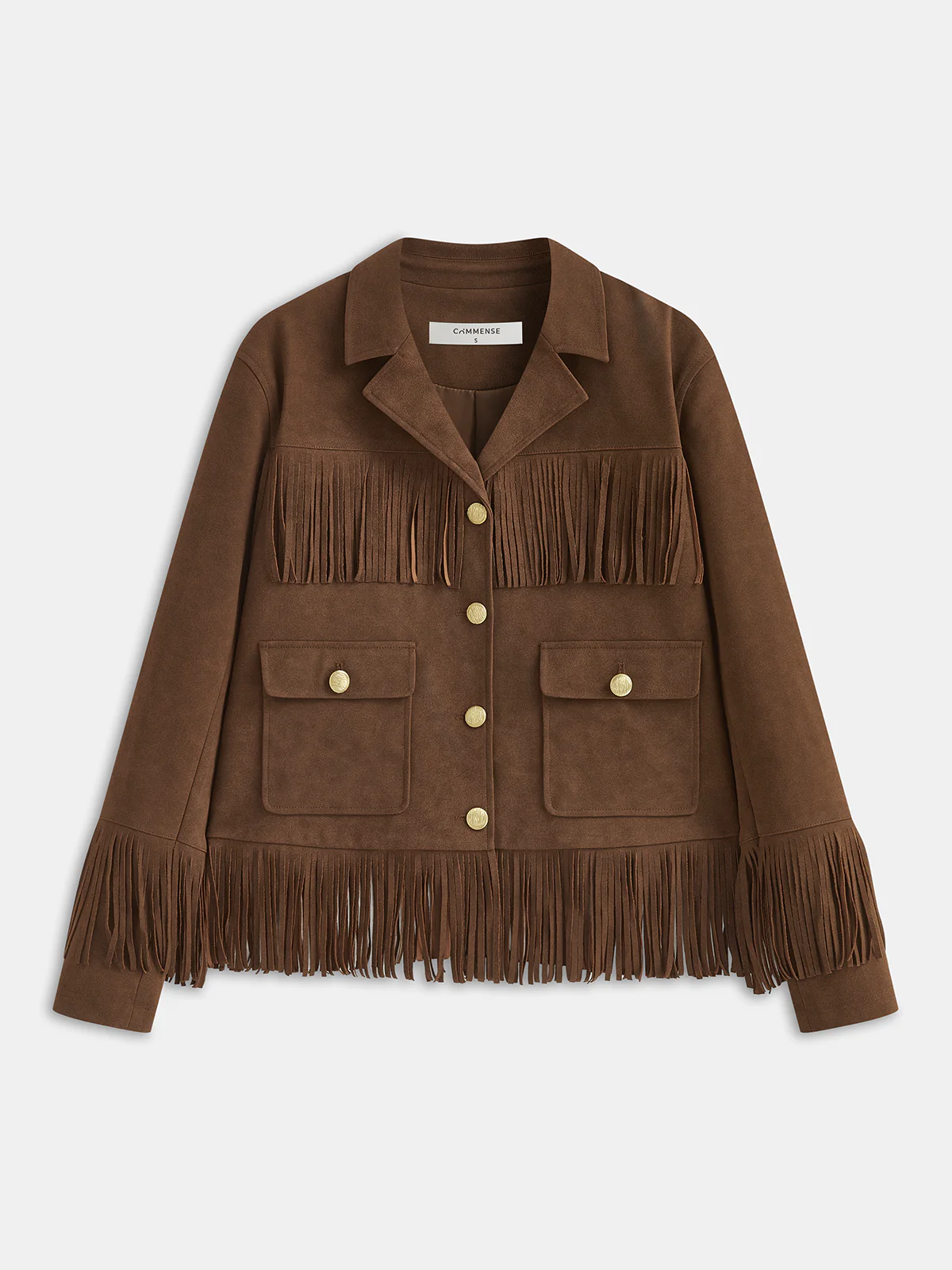 Fringe Button-Front Collared Suede Effect Jacket - Image 2