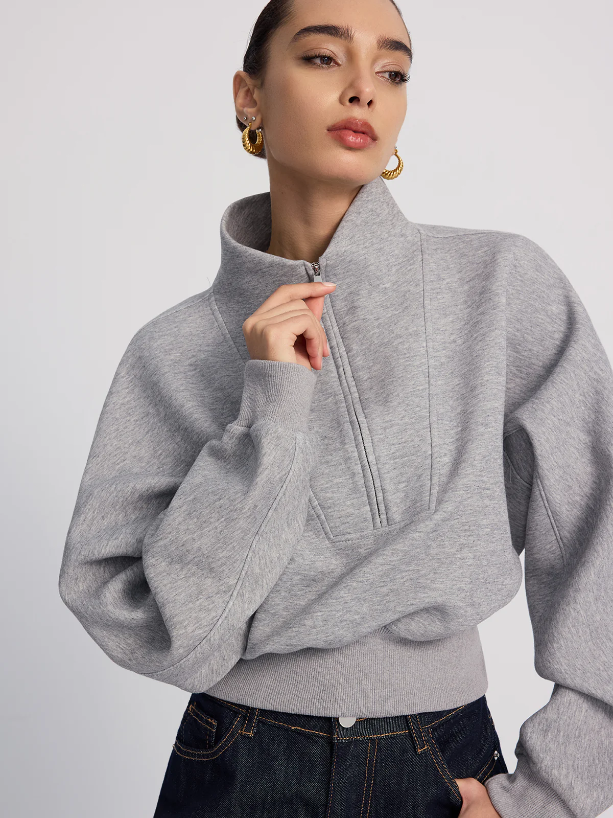 Half-Zip Oversized Cropped Sweatshirt - Image 2