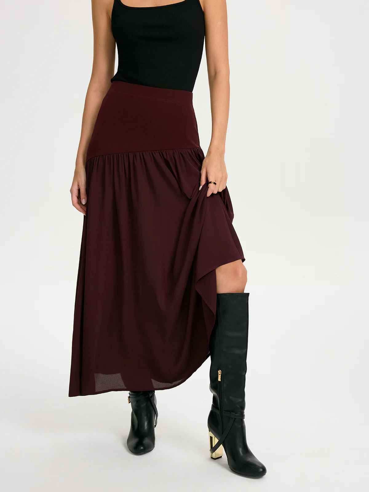 Knit & Chiffon Paneled Flowy Maxi Skirt - Image 3
