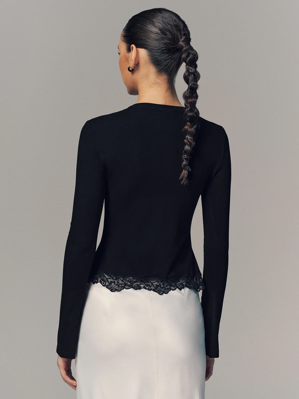 Lace Hem Metal Button Long-Sleeve Top - Image 6