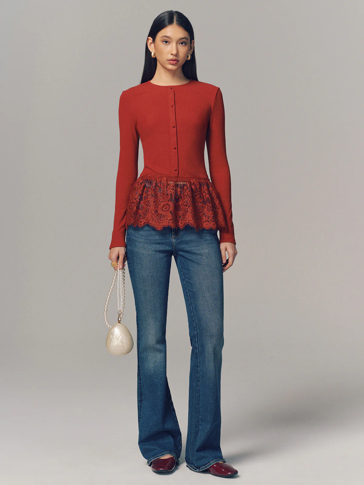 Lace Hem Ribbed  Long Sleeve Top - Image 2
