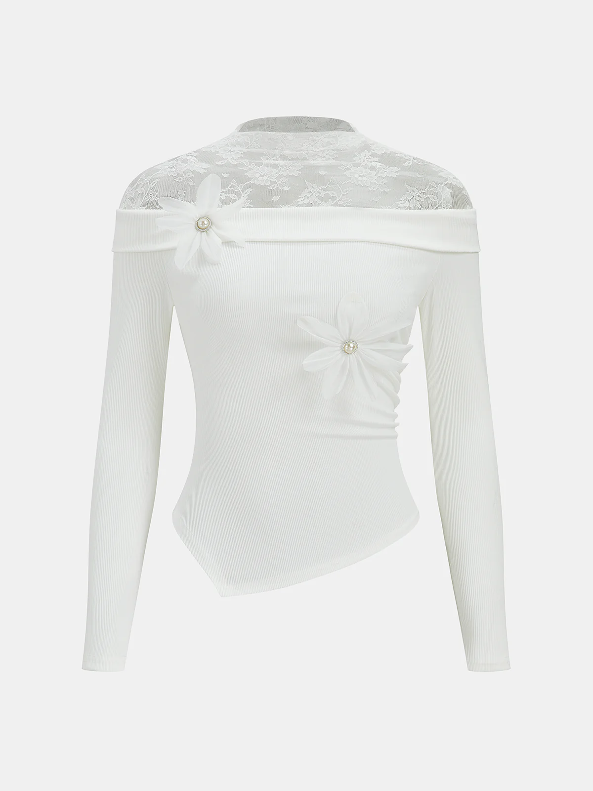 Lace Panel 3D Floral Off-Shoulder Top - Image 2