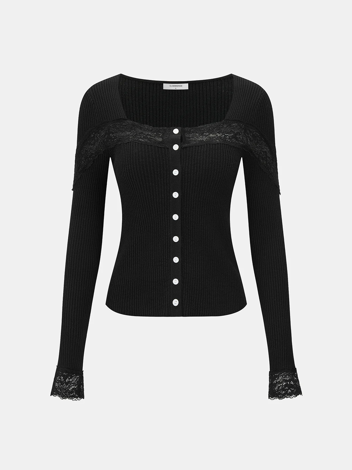 Lace Panel Square Neck Ribbed Knit Top